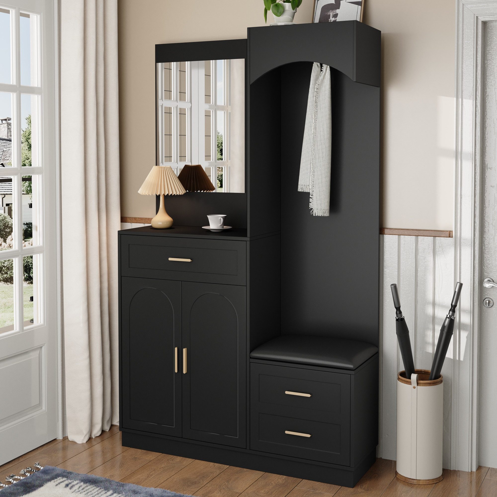 REDOM Garderoben-Set Multifunktions-Flurschrank Schuhschrank, (Garderobenständer, Kinderkleiderschrank, 1-St., 110 x 33 x 185.5 cm), mit Garderobe, Schuhschrank, Spiegel und Sitzbank