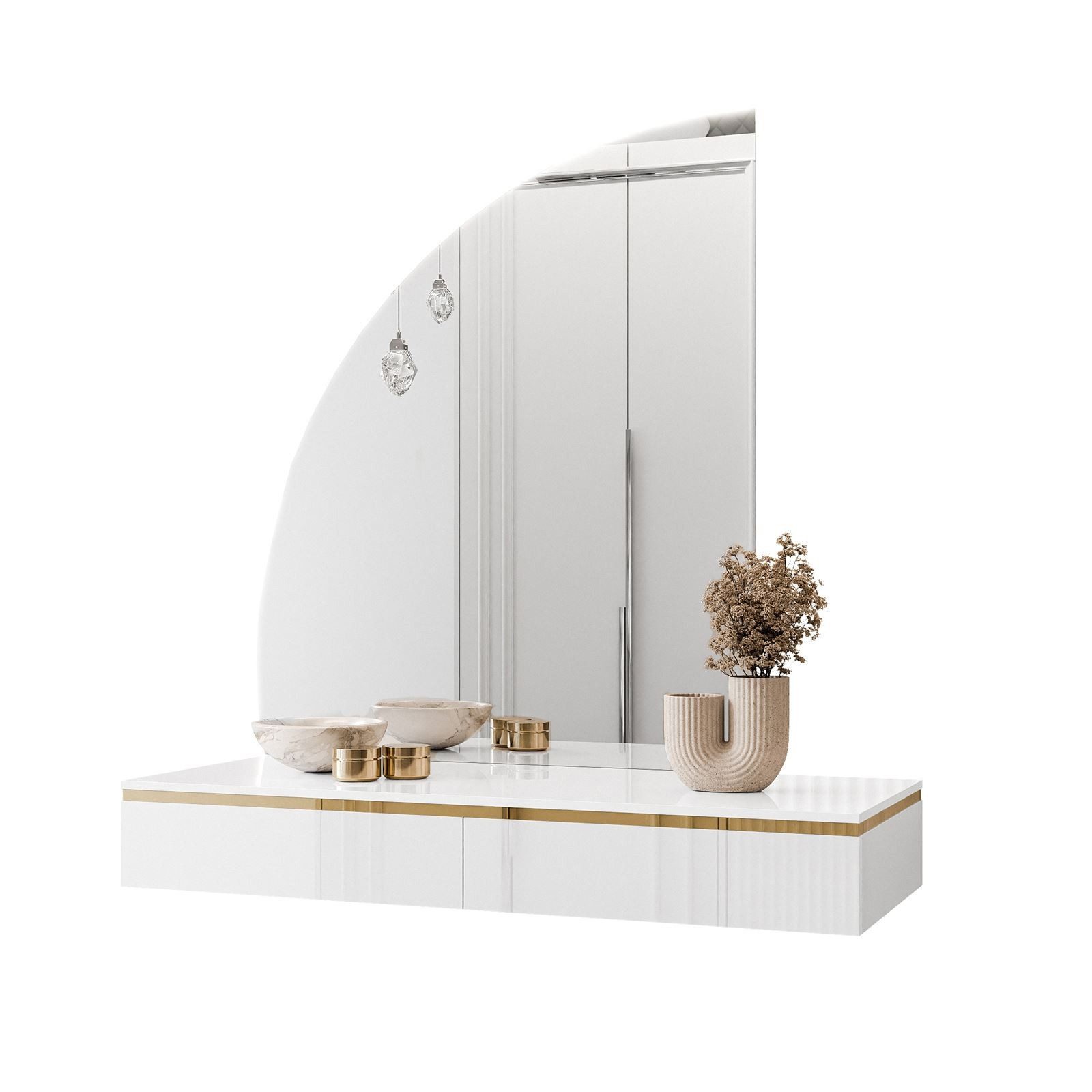 ALLHOUSE24 Schminktisch Hängender Schminktisch PEONY GOLD Halbmond Spiegel mit Beleuchtung (1x Konsolentisch, 1x Spiegel mit LED Beleuchtung), Breite: 102 cm