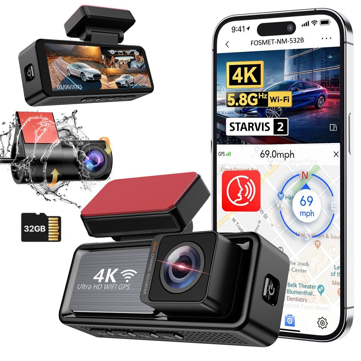 FOSMET Dashcam Auto,2 Channel 3.2" IPS-Bildschirm,mit GPS,WiFi,Auto kamera Dashcam (4K/2.5K, G-Sensor, 32GB-Karte, wasserfest, 170°Weitwinkel WDR,Loop-Aufnahme,Parküberwachung,Unterstützt 256GB Max)
