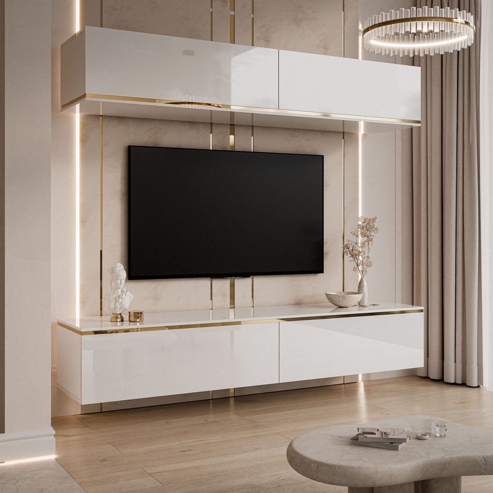 ALLHOUSE24 Wohnwand LAURA 180 cm Breite weiß Hochglanz GOLD hängende Schran günstig online kaufen