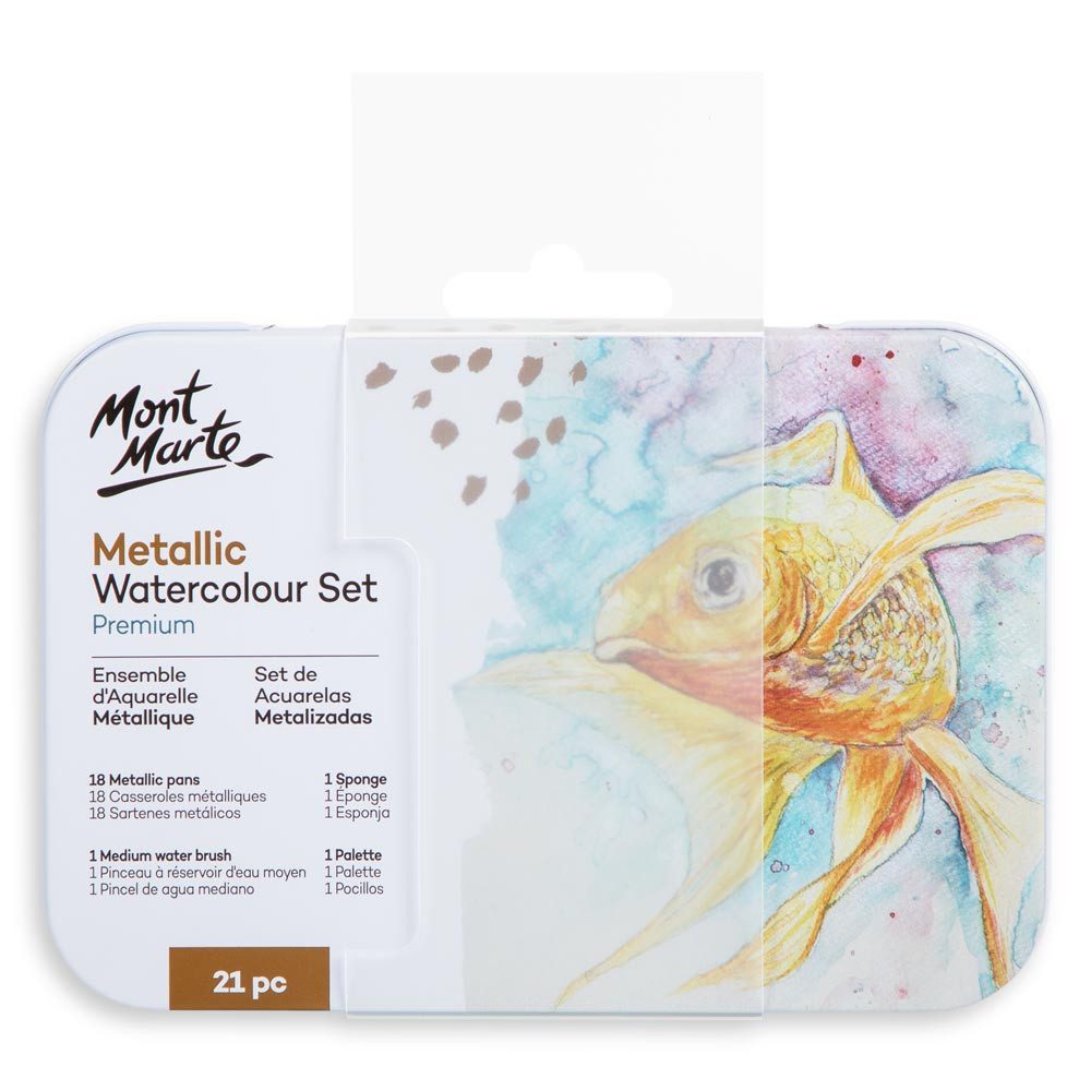 Mont Marte Aquarellfarbe Set 18 Metallic Farben – Extrem schimmernd auf hellem & dunklem Papier, Faszinierender Metallic-Glanz für Kunstwerke mit Tiefe und Ausdruck