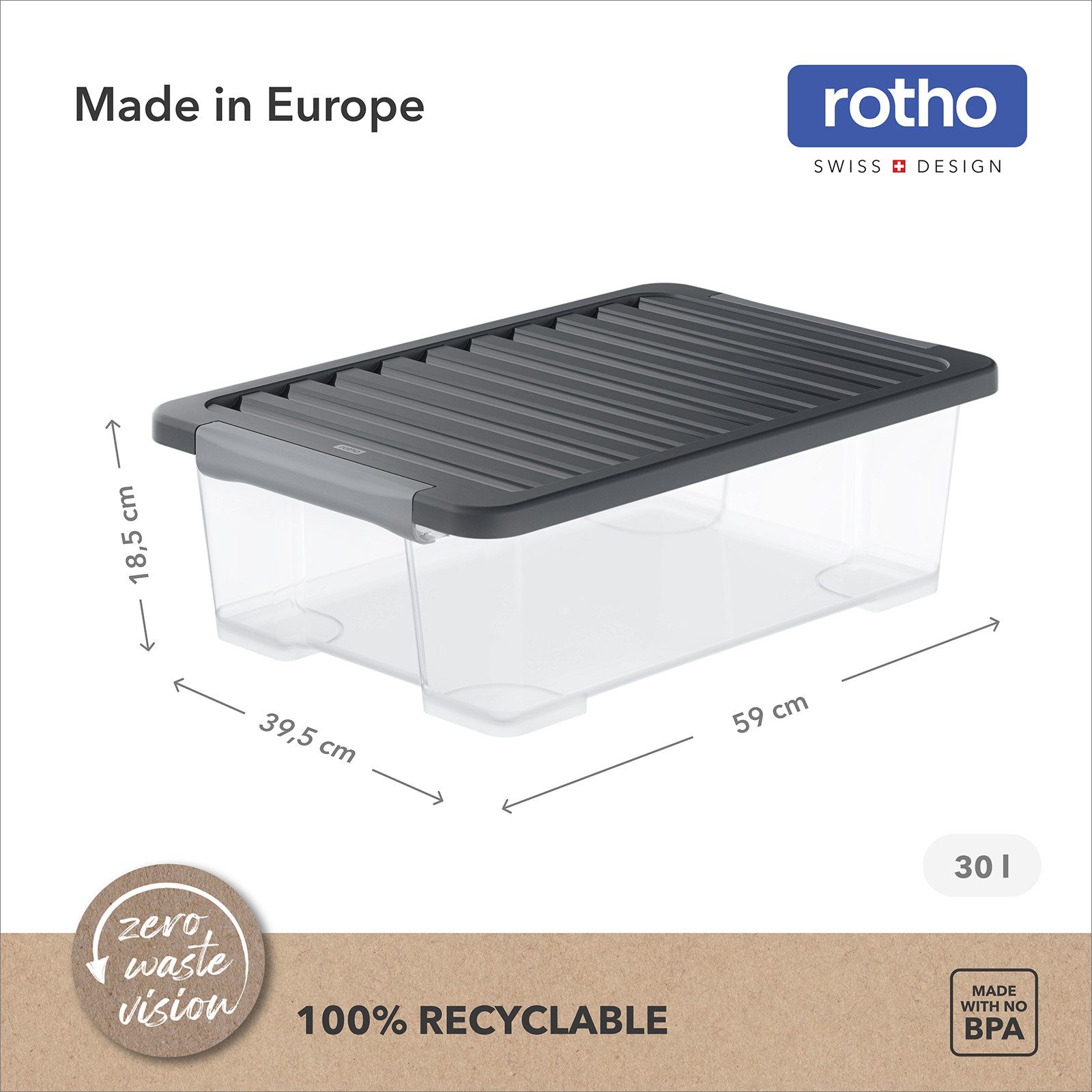 ROTHO Aufbewahrungsbox 4er-Set CORE PLUS 30 L stapelbare Box mit Deckel (Lagerboxen-Set, 4er-Set), Lagerbox ideal für Kleidung, Vorräte und Haushaltsartikel