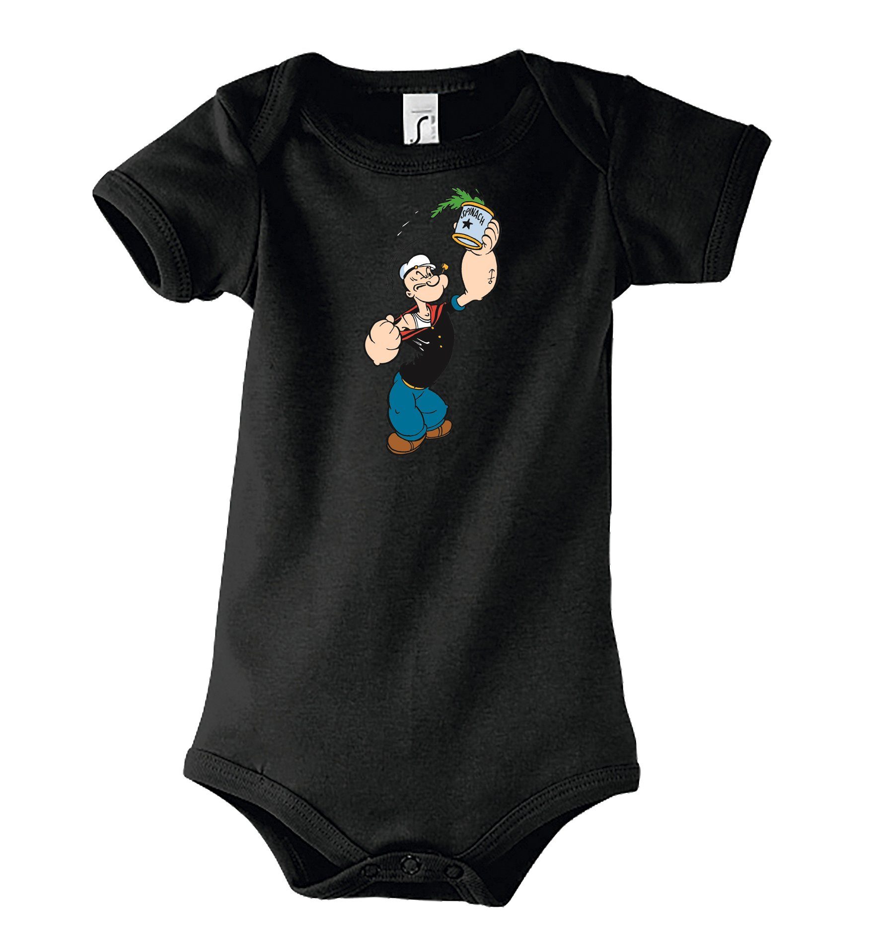 Strampler Baby Designz Youth mit Schwarz Kurzarmbody Body Popeye Frontprint niedlichem