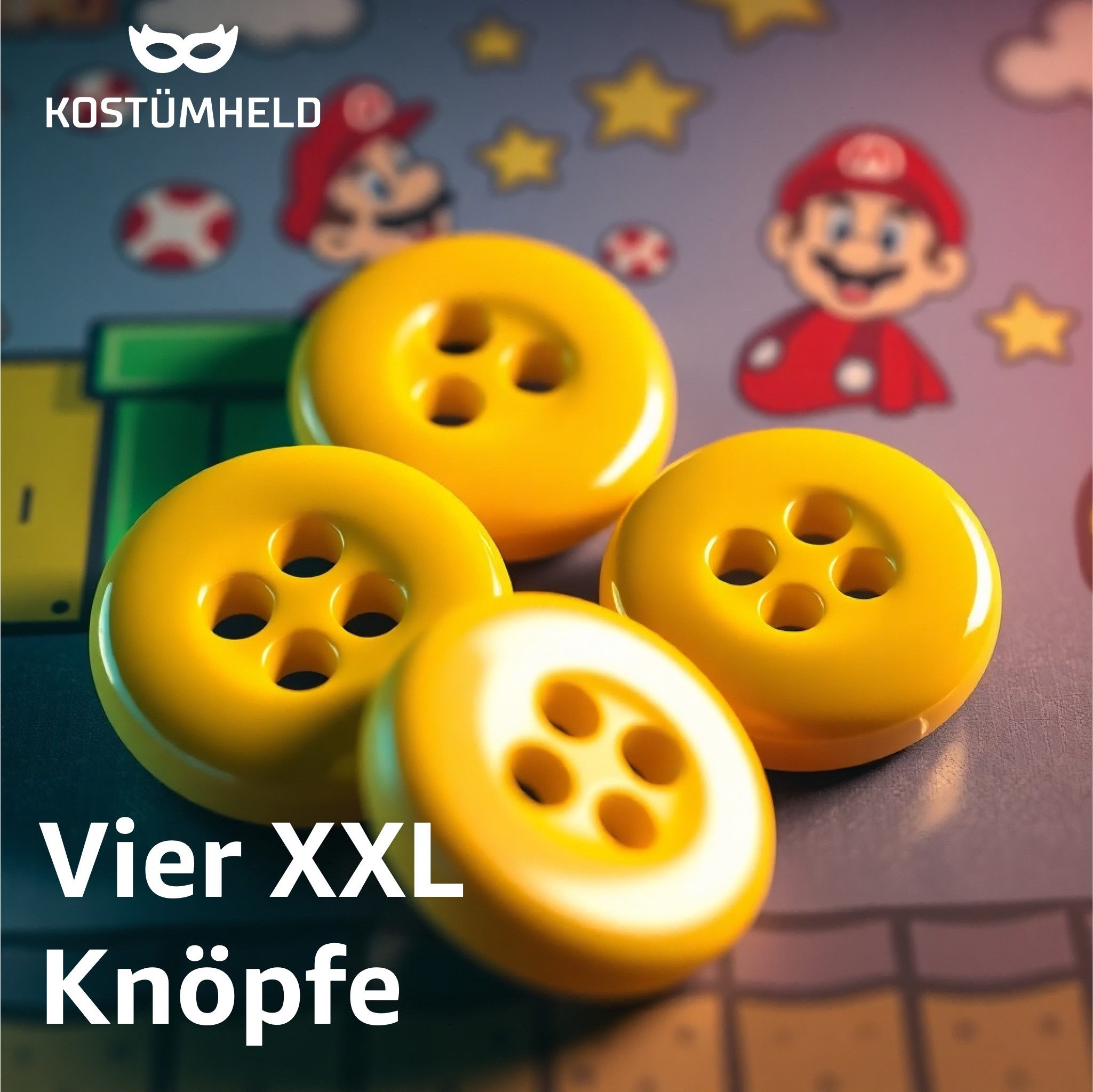 Kostümheld® Knopf 4x Super groß Knöpfe Mario gelb - Kostüm Kinder Erwachsene Fasching, 3 cm groß