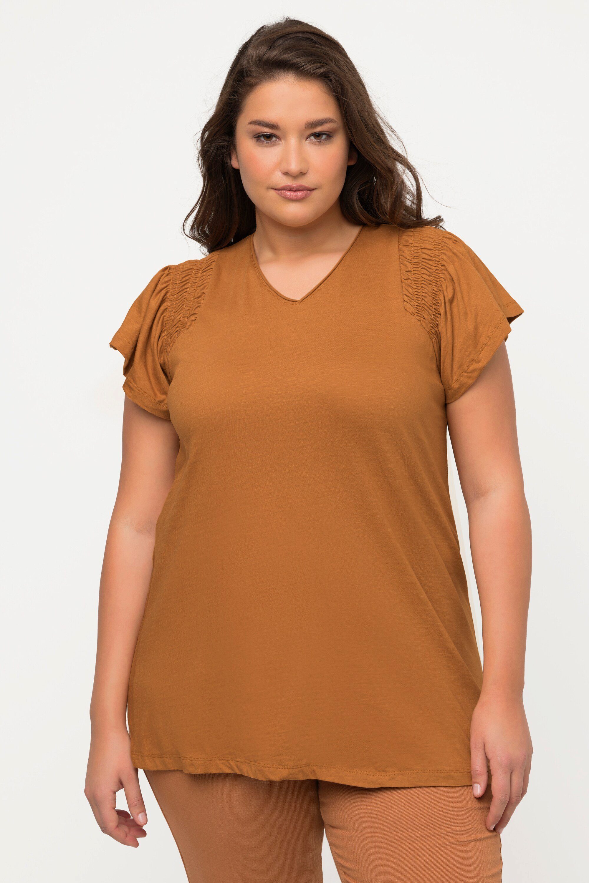 Ulla Popken Longshirt T-Shirt A-Linie V-Ausschnitt Halbarm Biobaumwolle