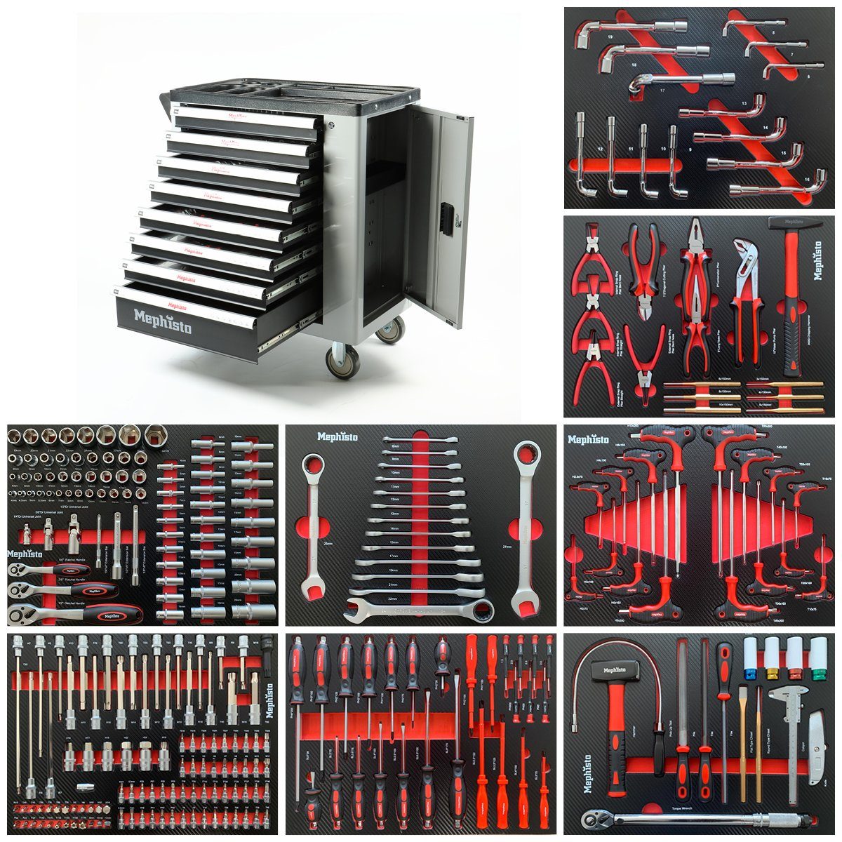 Mephisto-Tools Werkstattwagen, (fertig montiert und bestückt), 8 abschließbare Schubladen, je Schublade belastbar bis je 35 kg, 2 Schlüssel inkl., kugelgelagerte Rollen mit Gummierter Beschichtung, Werkzeug aus hochwertigem Chrom Vanadium Stahl, 1 seitliches Fach mit Ablage und separat abschließbarer Tür