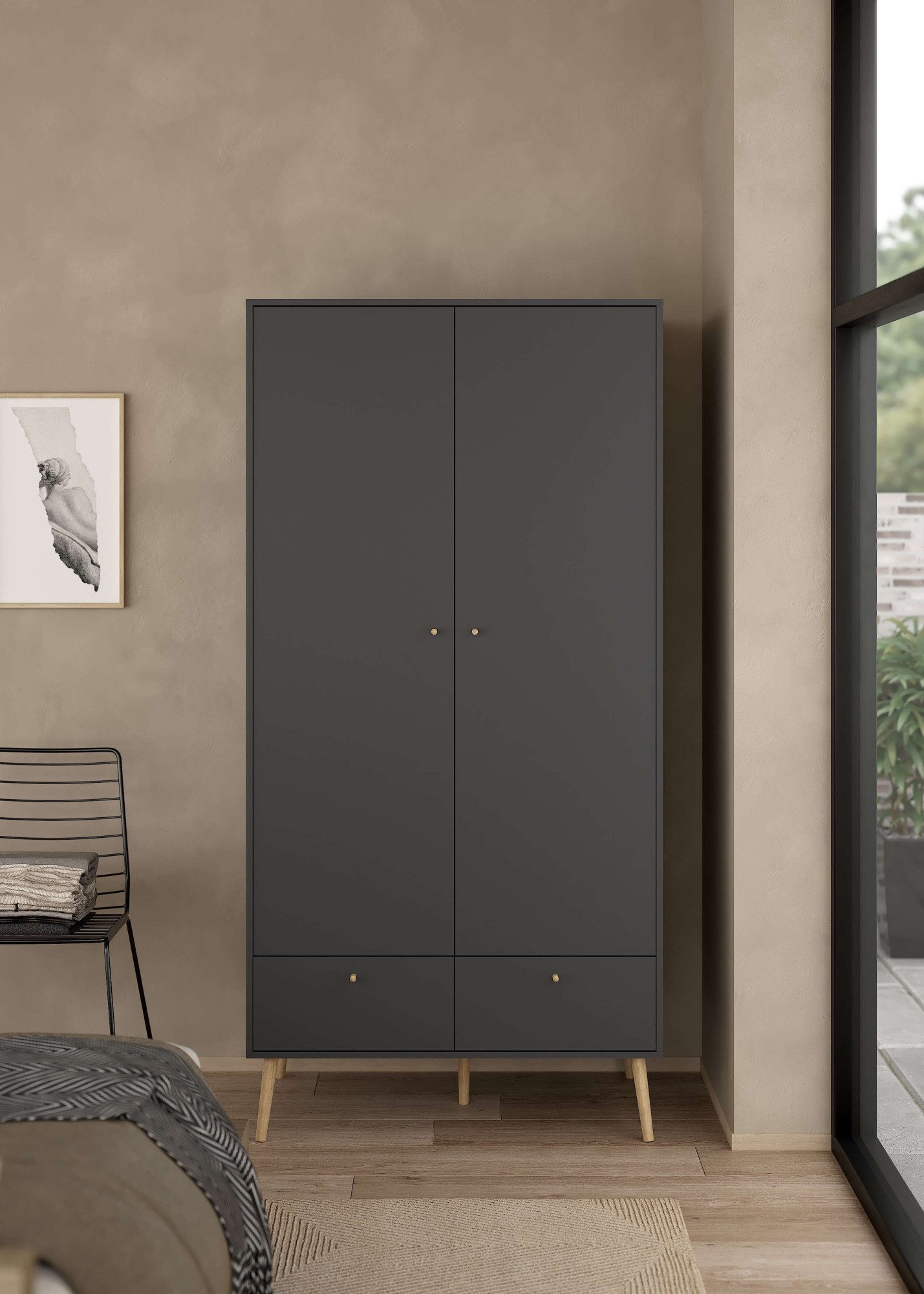 Home affaire Kleiderschrank Bodo, Drehtürenschrank, Aufbewahrung Kasten Schrank Stauraum 2 Türen, 2 Schubladen, Beine und Griffe Massivholz, Breite 99 cm
