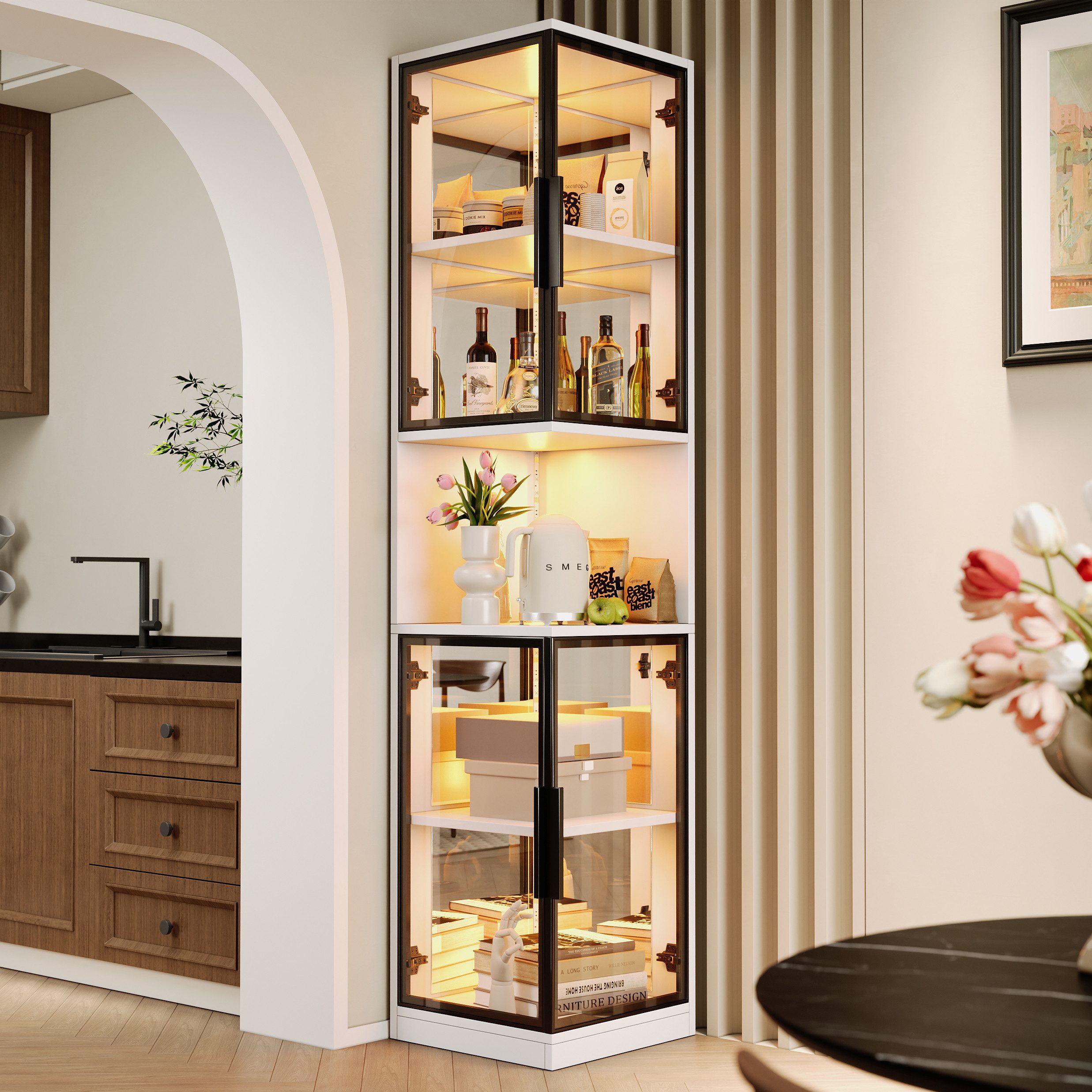 Flieks Eckvitrine Glasvitrine mit LED-Beleuchtung und Glastüren, verspiegelter Rückwand (1-St., 42x44x205 cm) Standvitrine Eckschrank Hochschrank Sammlervitrine mit 5 Fächern Weiß