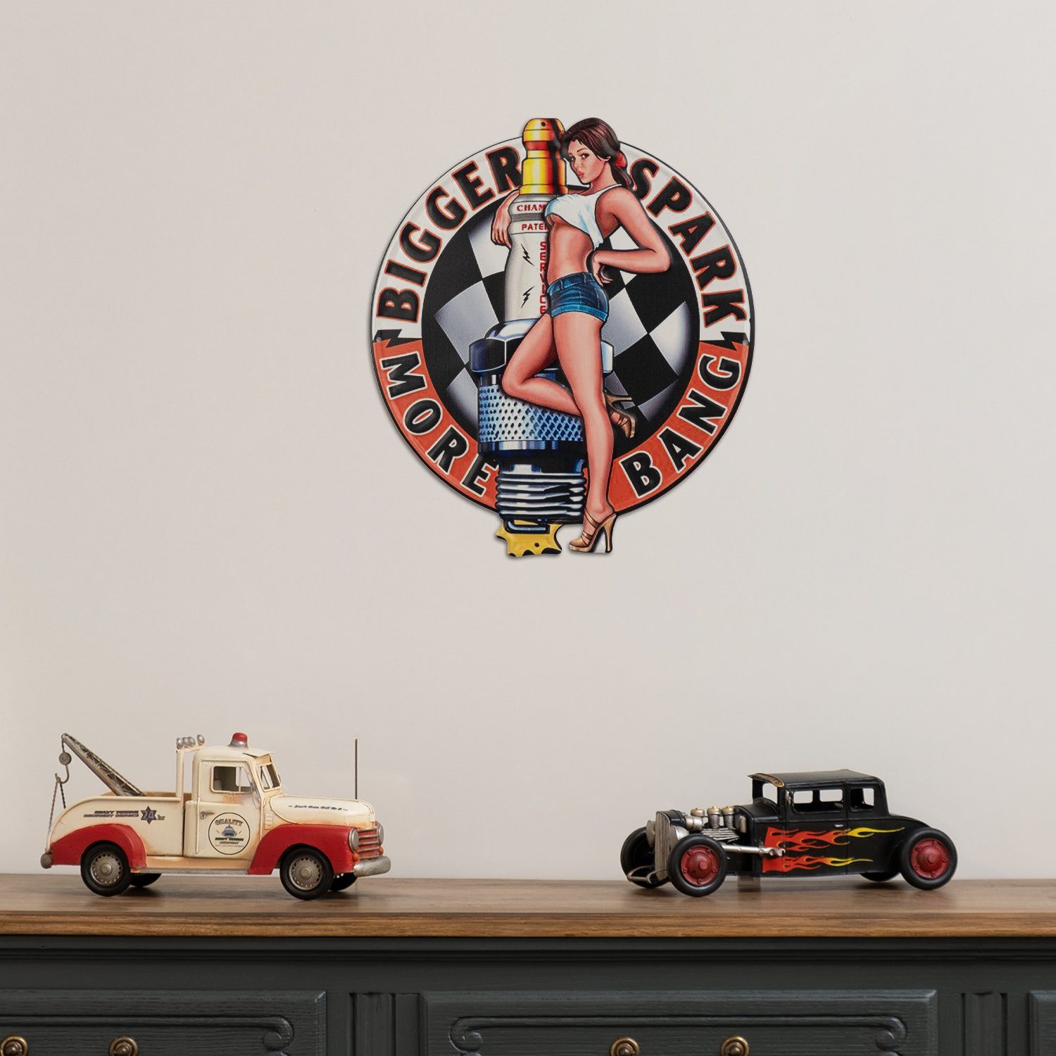 Moritz Metallschild Zündkerze Pin Up Frau Rennen Auto Motor, Vintage Retro Deko Schild Metallschild Wandbild Schild