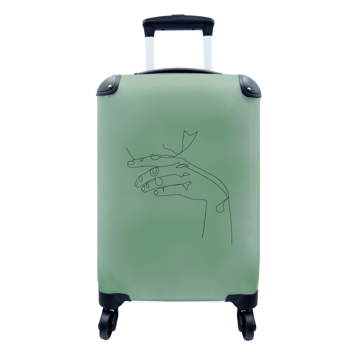 MuchoWow Handgepäckkoffer Strichzeichnung - Hand - Grün, 4 Rollen, Reisetasche mit rollen, Handgepäck für Ferien, Trolley, Reisekoffer
