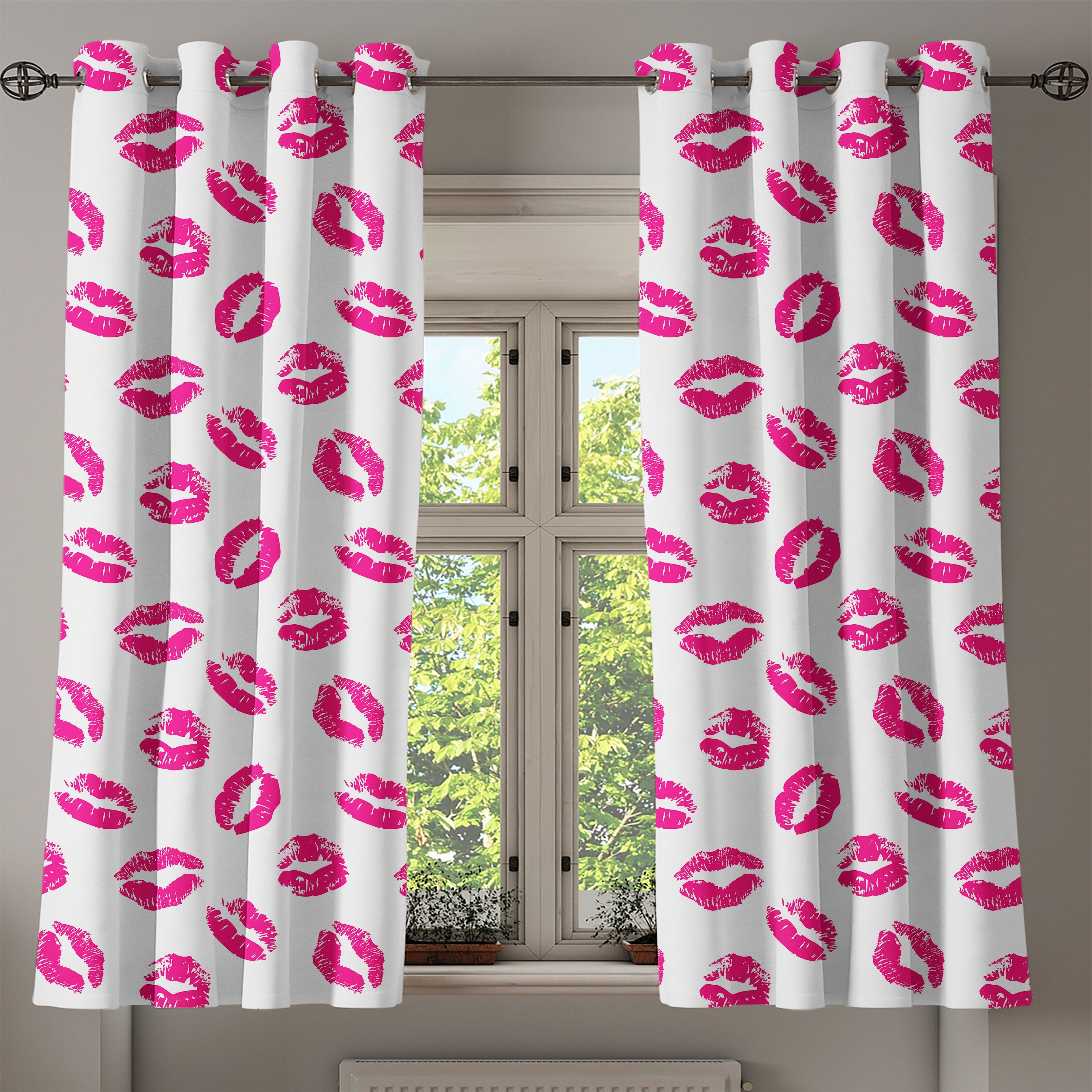 Gardine Dekorative 2-Panel-Fenstervorhänge Kuss Abakuhaus, Wohnzimmer, Vibrierende farbige Lippenstift für Schlafzimmer