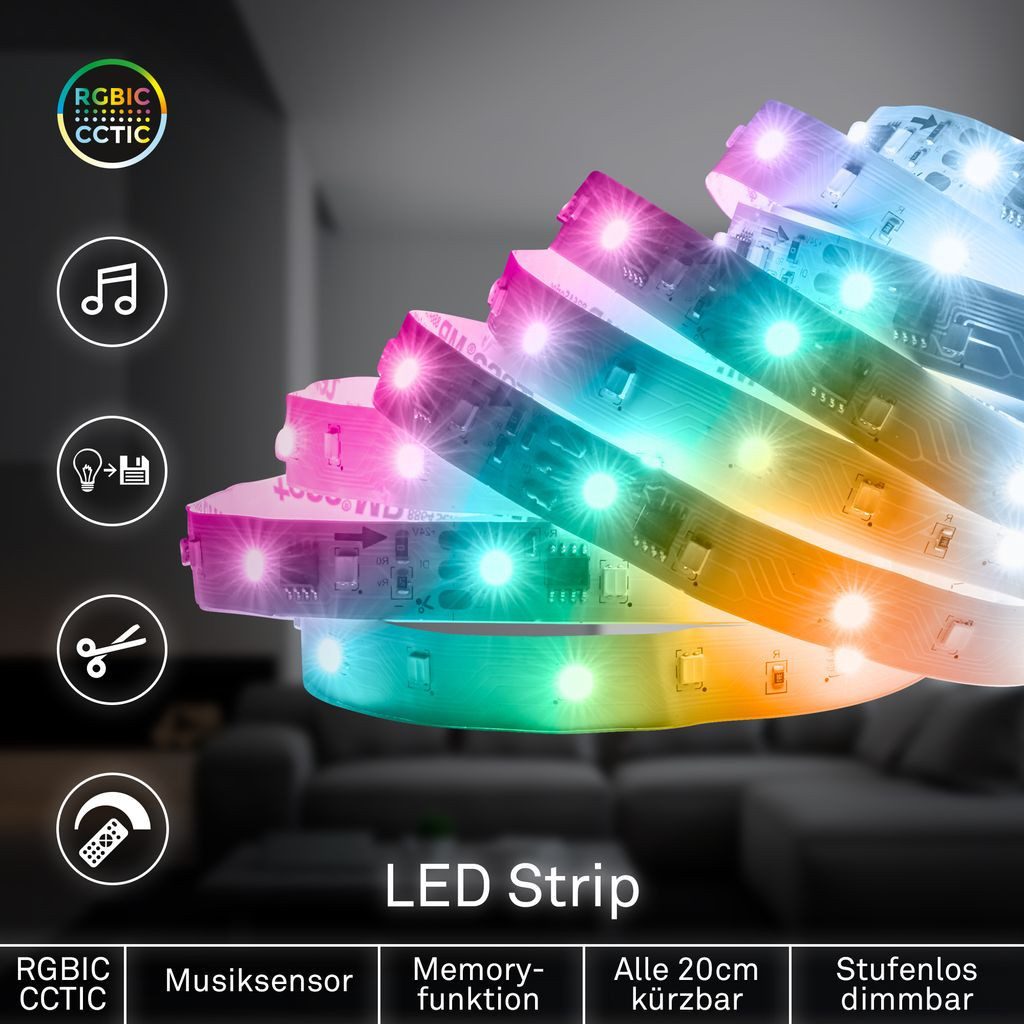 Briloner Leuchten LED-Streifen LED Strip CCTIC RGB IC Farbwechsel Fernbedienung Musiksensor, 1-flammig, 5 m, Wohnzimmer, Party, Gaming