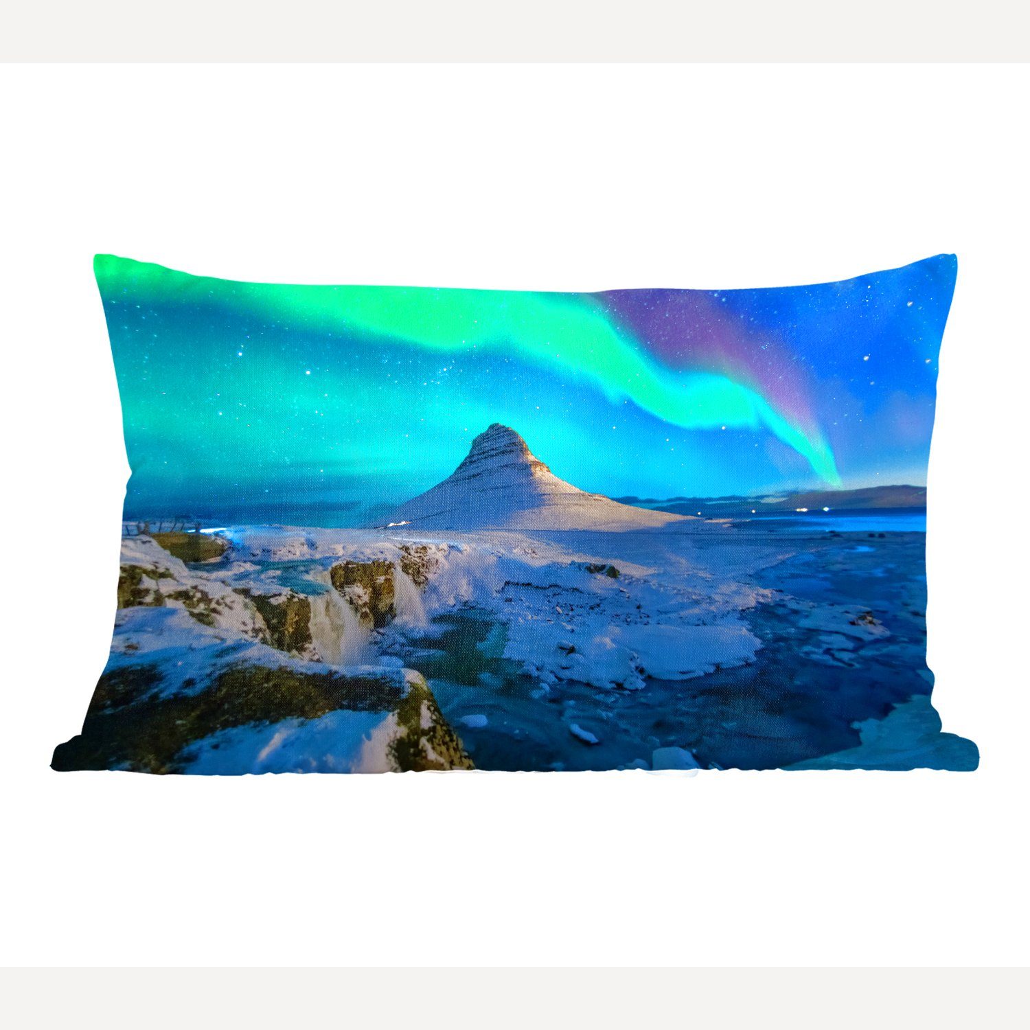 MuchoWow Dekokissen Nordlichter - Berge - Island, Wohzimmer Dekoration, Zierkissen, Dekokissen mit Füllung, Schlafzimmer