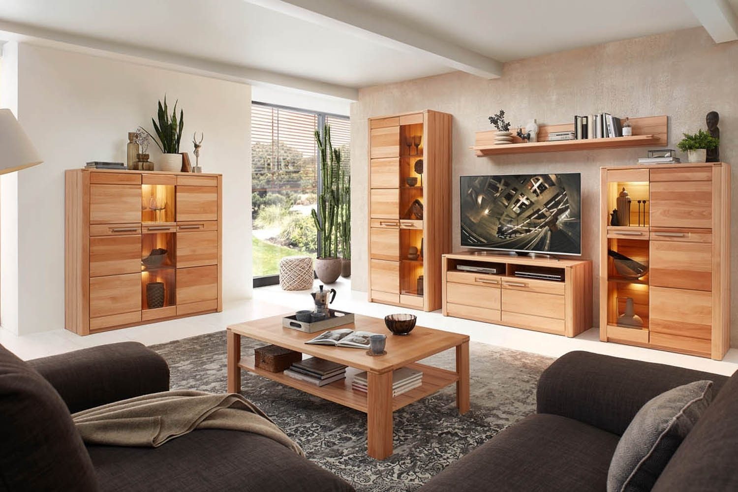 Innostyle Vitrine NATURE ONE, Kernbuche teilmassiv, 1 Holztür, 1 Glastür, Soft-Close, LED-Beleuchtung, B 85 x H 137 x T 40 cm