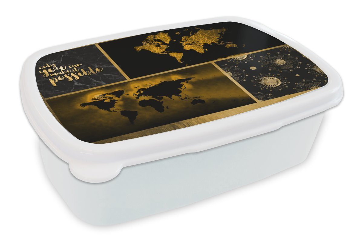 MuchoWow Lunchbox Weltkarte - Collage - Luxus - Gold, Kunststoff, (2-tlg), Brotbox für Kinder und Erwachsene, Brotdose, für Jungs und Mädchen weiß