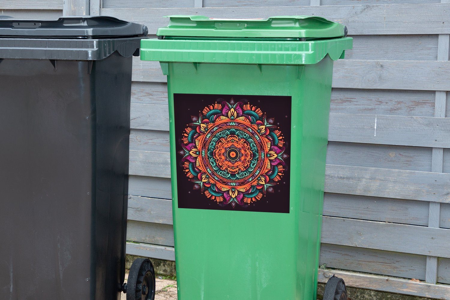 Orange Mandala - - MuchoWow (1 Wandsticker Container, Mülltonne, - - Mülleimer-aufkleber, Abfalbehälter St), Hippie Boho Blumen Sticker,