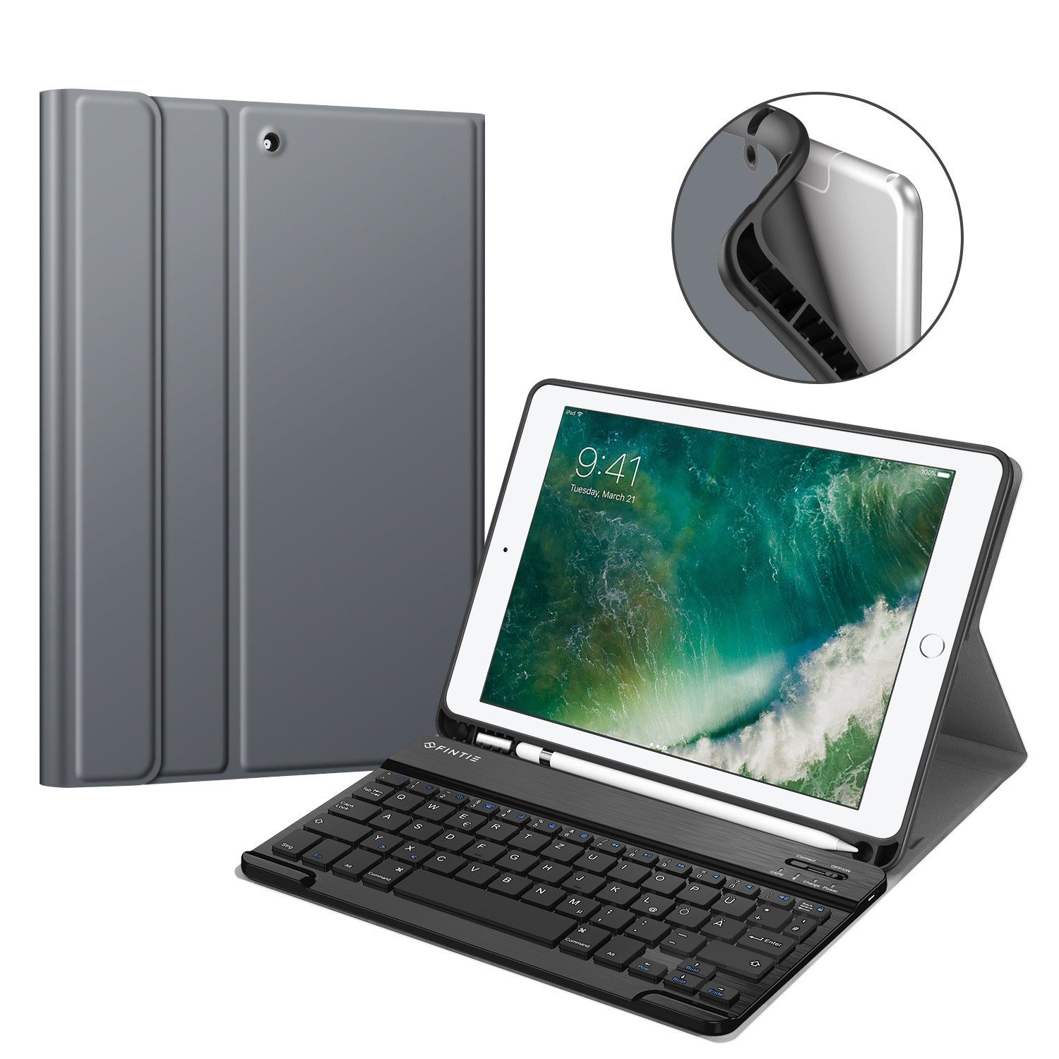Fintie Tablet-Hülle für iPad 9.7 2018 (6. Gen) mit magnetisch QWERTZ  Bluetooth Tastatur, Soft TPU Rückseite Gehäuse Keyboard Case mit  eingebautem Pencil Halter