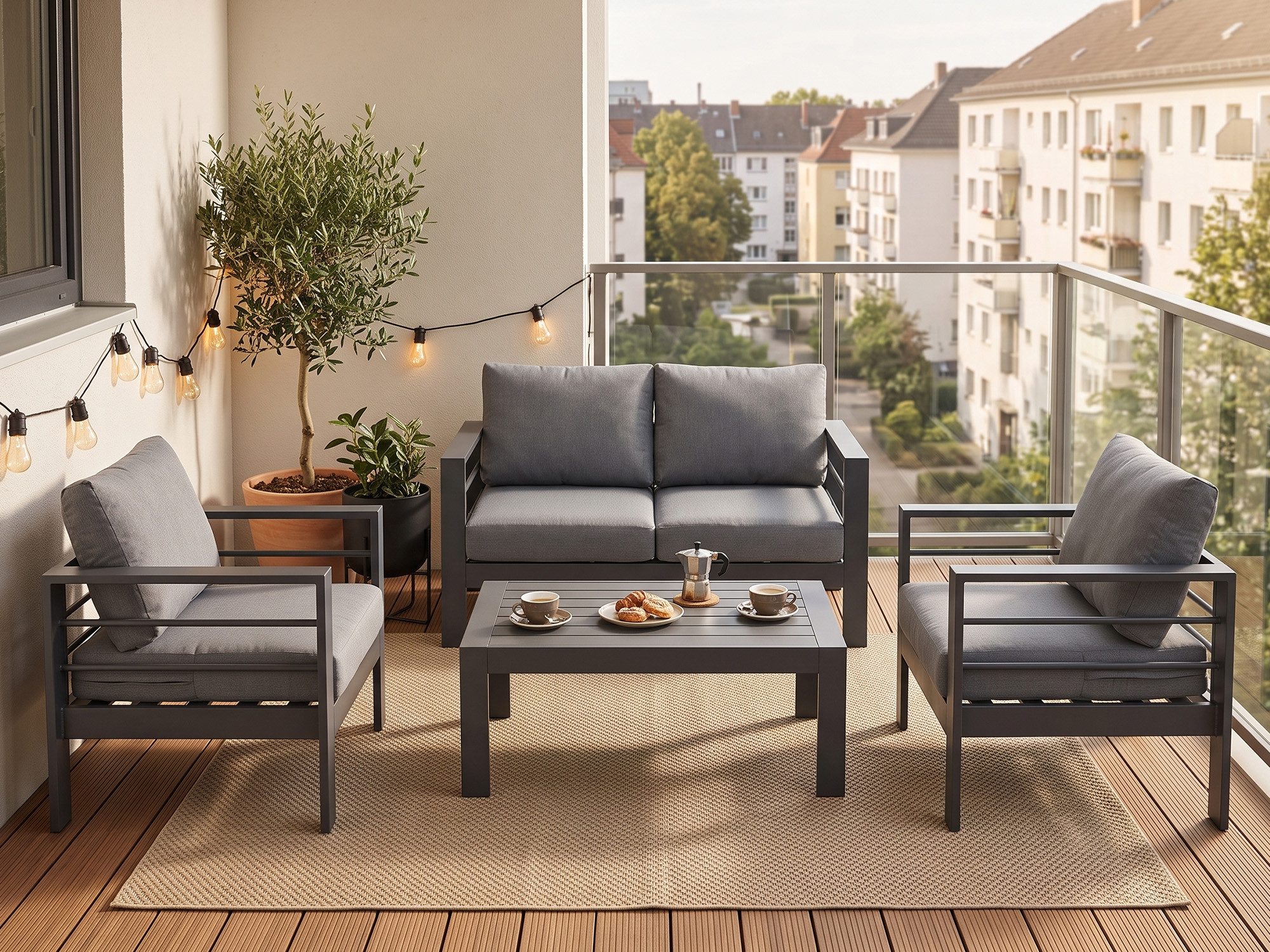 MeXo Gartenlounge-Set XXL Gartenmöbel Set Aluminium Outdoor, (Balkonmöbel für Kleinen Balkon, 4-tlg., 1×2-Sitzer Sofa, 2×Sessel, 1×Tisch, 8×Auflagen), wetterfest Sitzgruppe Essgruppe Gartengarnitur für 3-4 Personen