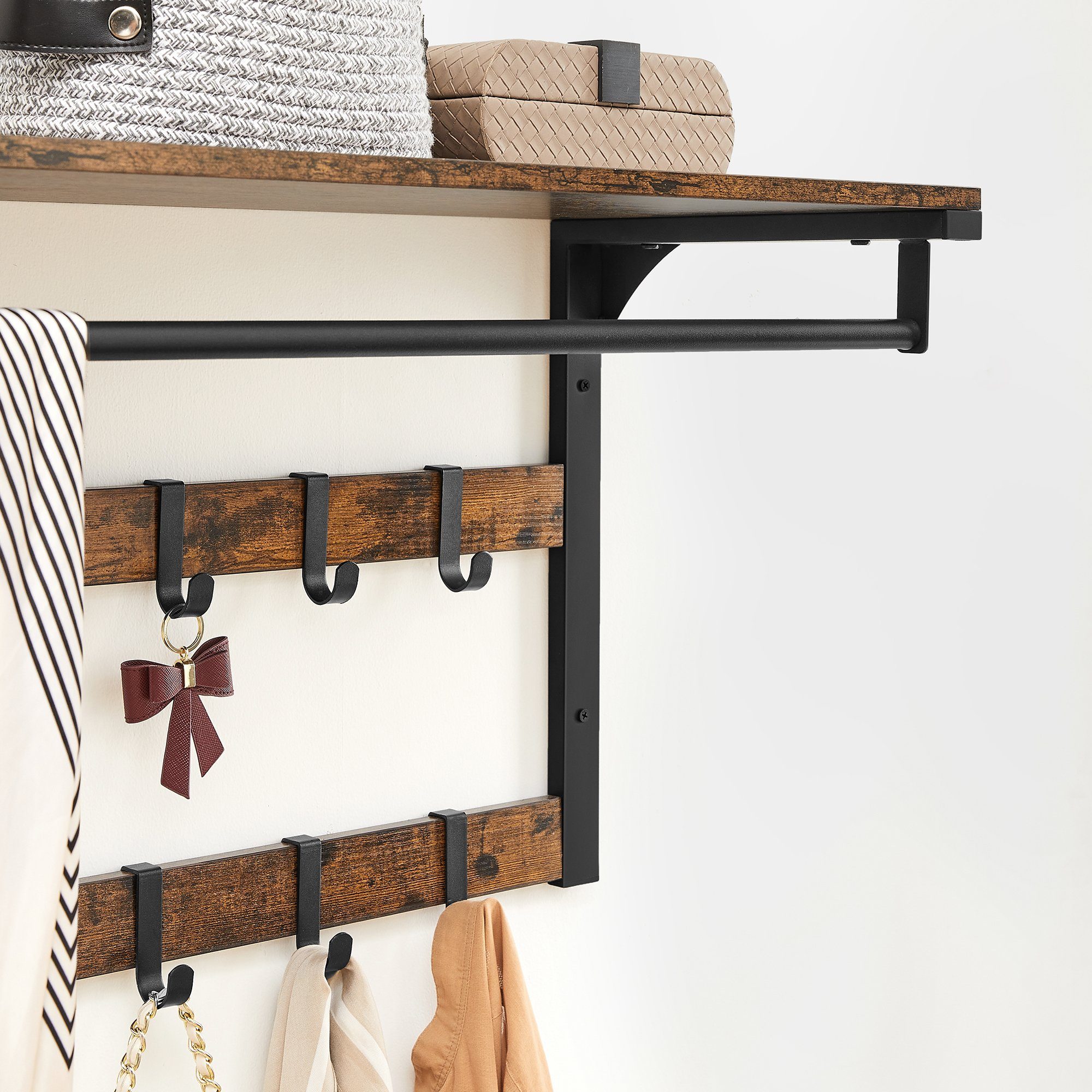 VASAGLE Garderoben-Set Wandgarderobe Metallgestell, Industrie-Design, 2 Set, mit Ablage und 10 Haken, Schuhbank mit 3 Ebenen