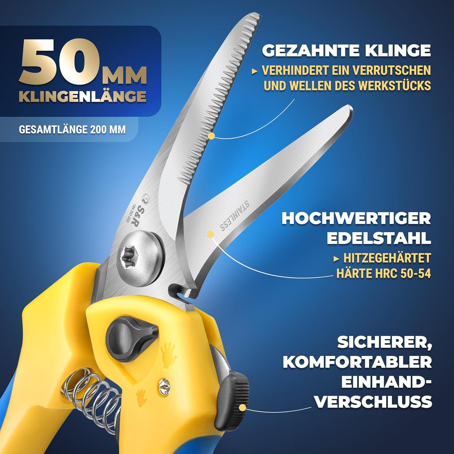 S&R Universalschere Mehrzweck-Kombischere 200 mm, 50 mm Edelstahl Klinge, Schere HRC 50-54