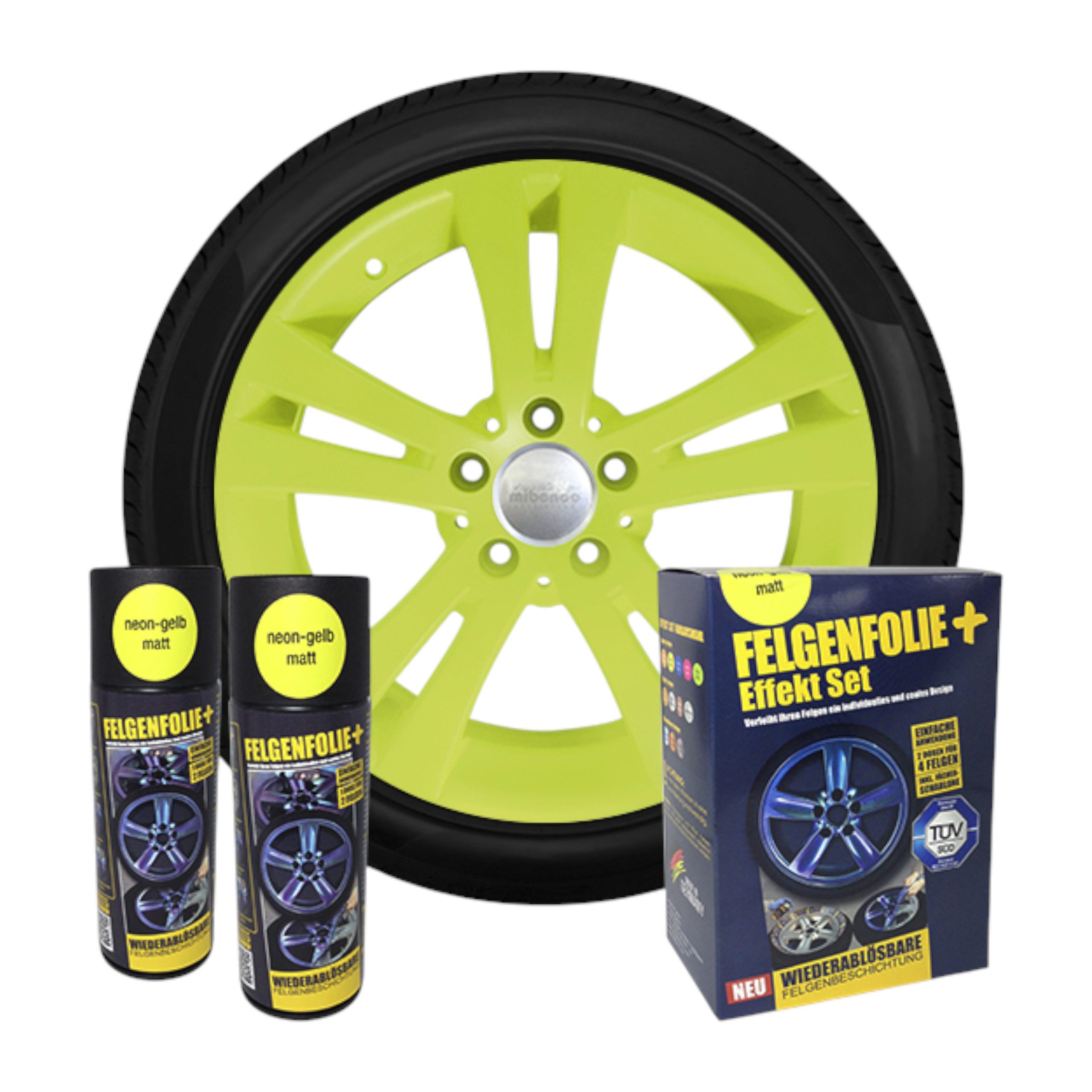 mibenco Felgenaufkleber mibenco Felgenfolie + Effekt Set 2×400 ml Neongelb – Sprühfolie