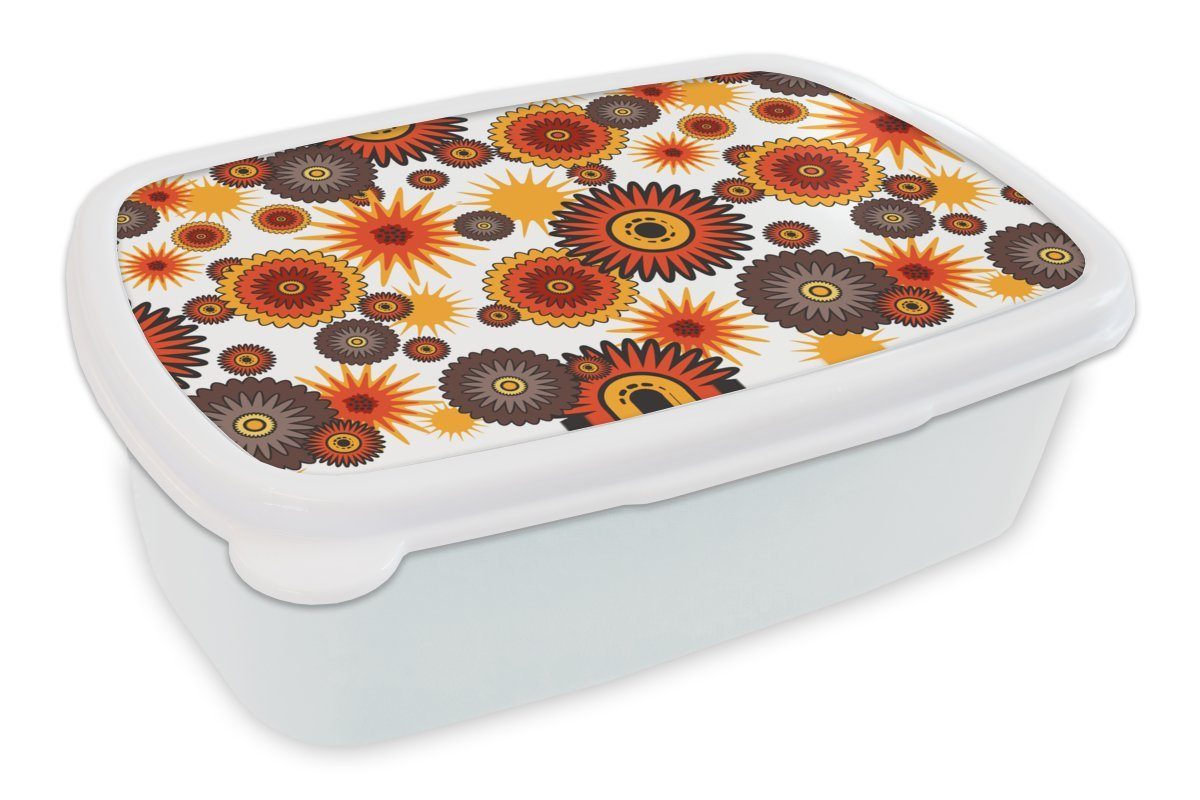 MuchoWow Lunchbox Design - Retro - Orange - Blumen, Kunststoff, (2-tlg), Brotbox für Kinder und Erwachsene, Brotdose, für Jungs und Mädchen weiß