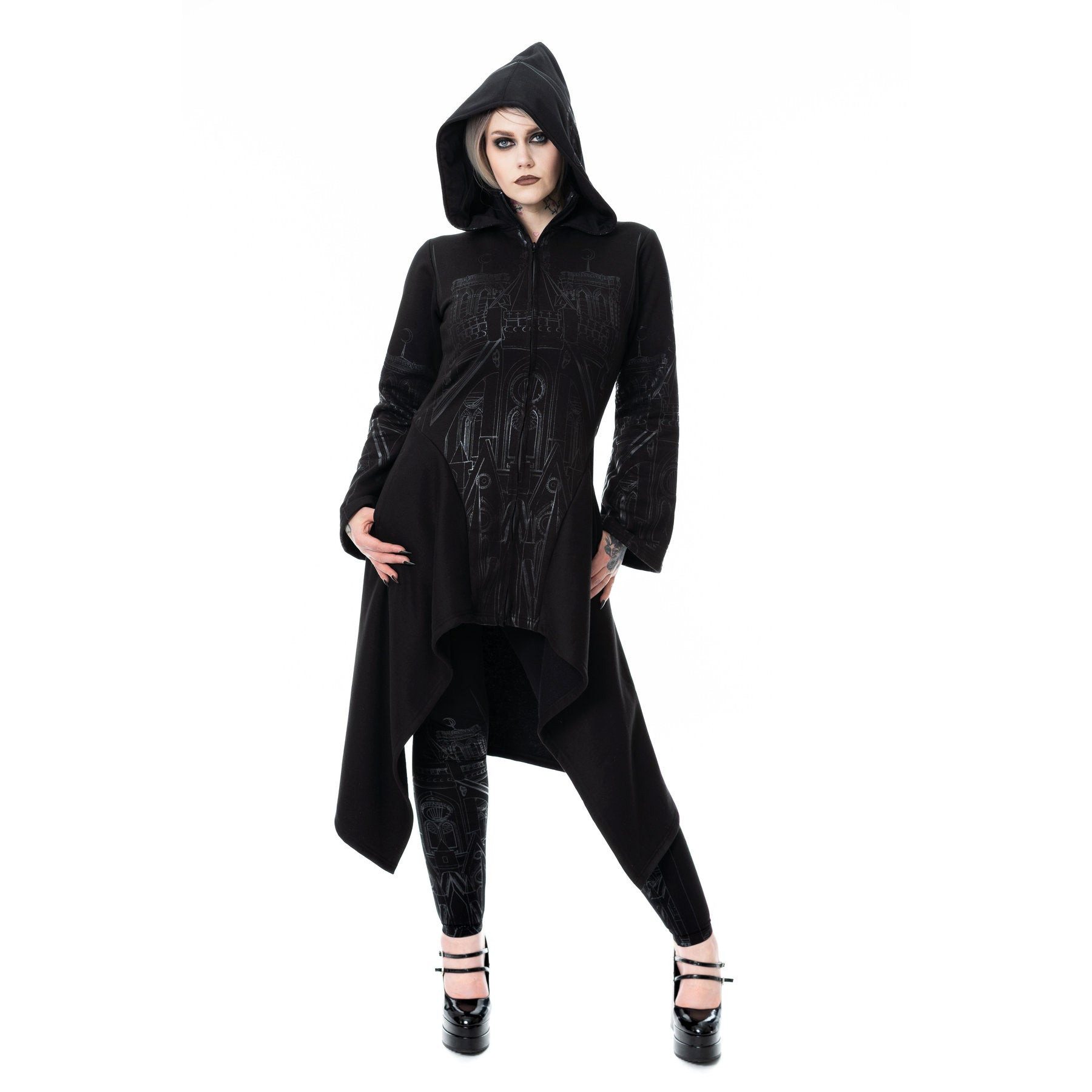 Vixxsin Kapuzenpullover Basilica Hood Coat in schwarz Gothic Hoodie Mantel gotisches Muster