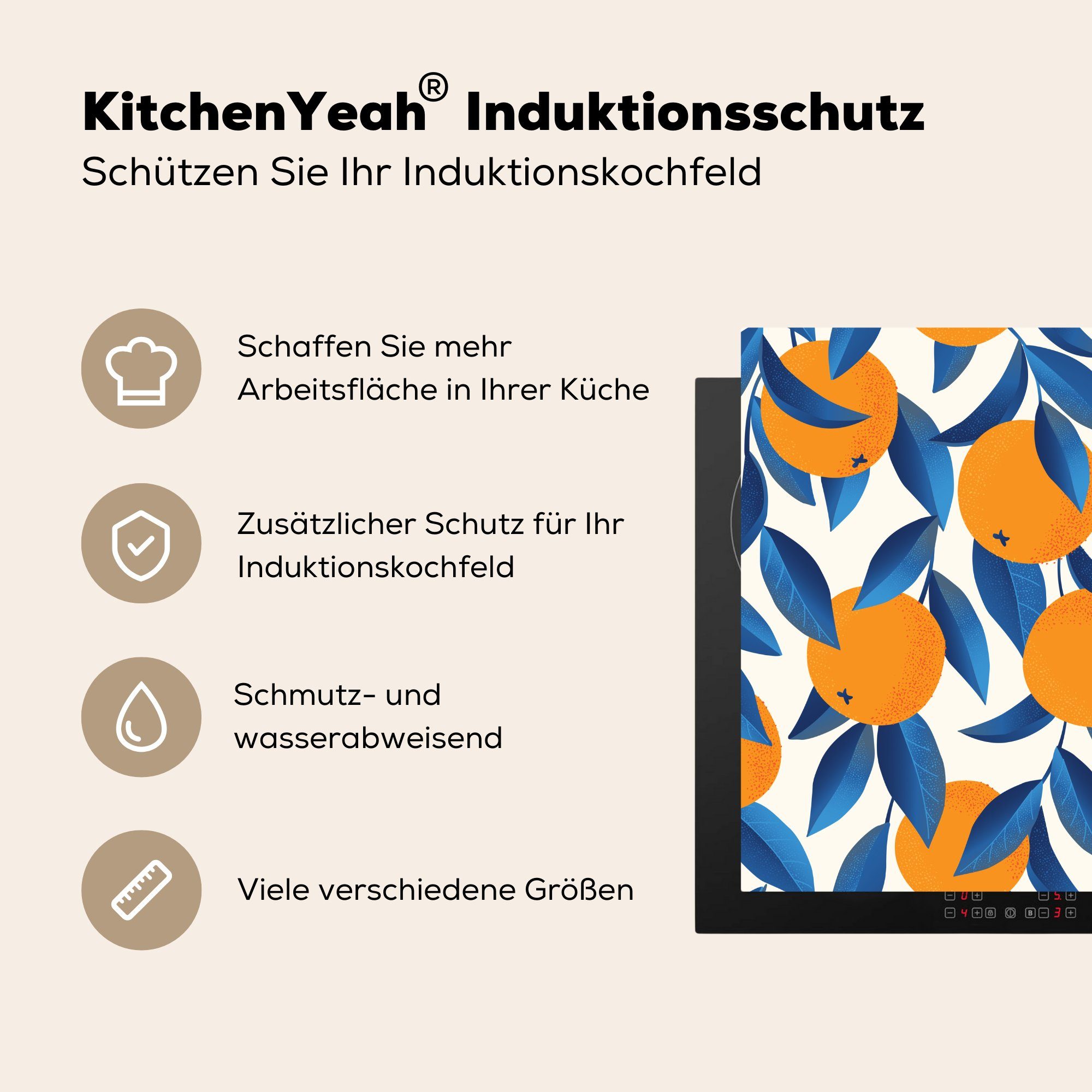78x78 - Vinyl, Herdblende-/Abdeckplatte MuchoWow tlg), - Ceranfeldabdeckung, (1 Arbeitsplatte für cm, Orange Blau küche Design,
