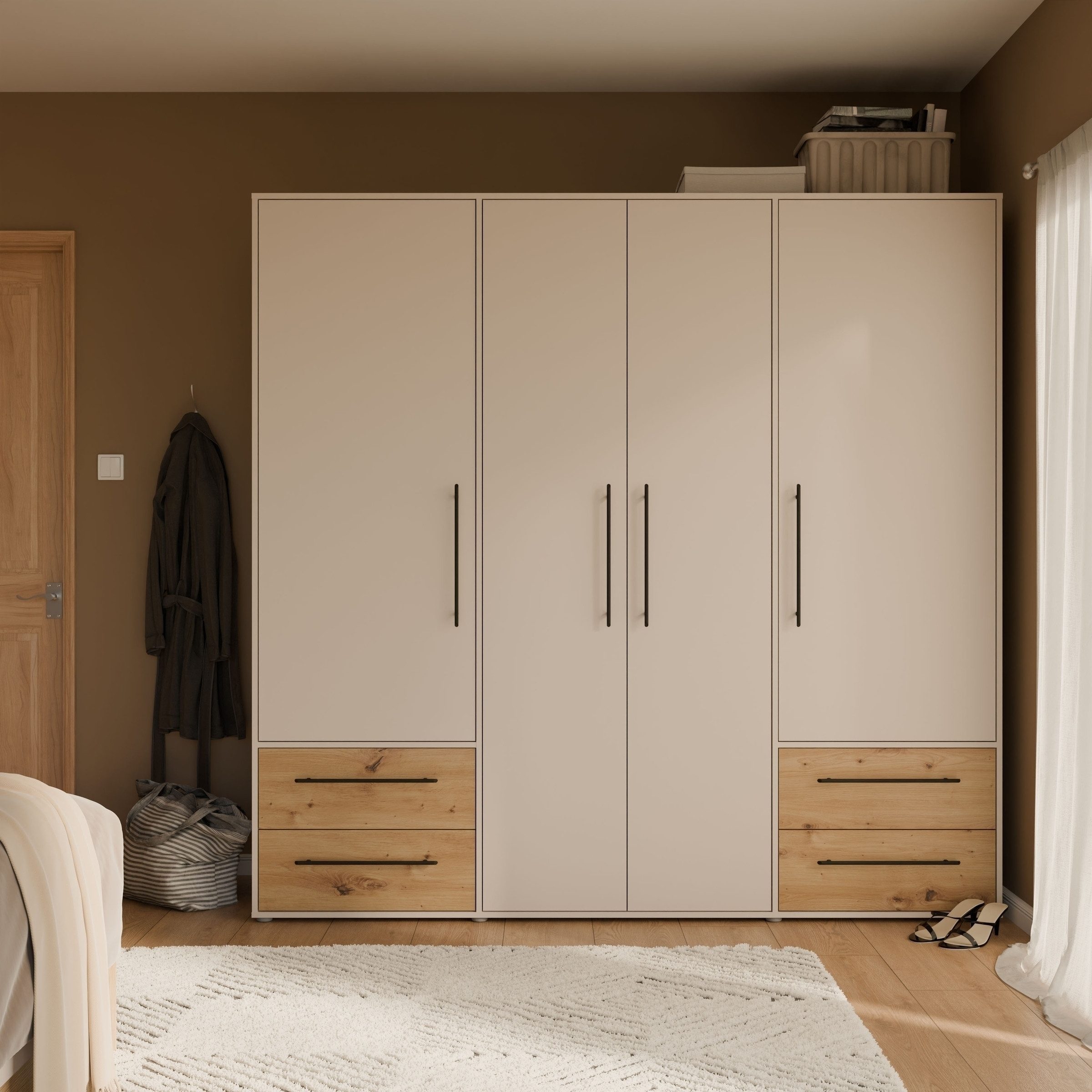 PREISBRECHER Drehtürenschrank MOKKARIS sandfarbig / Artisan Eiche Dekor - 205,9x200,1x58,8cm (BxHxT)