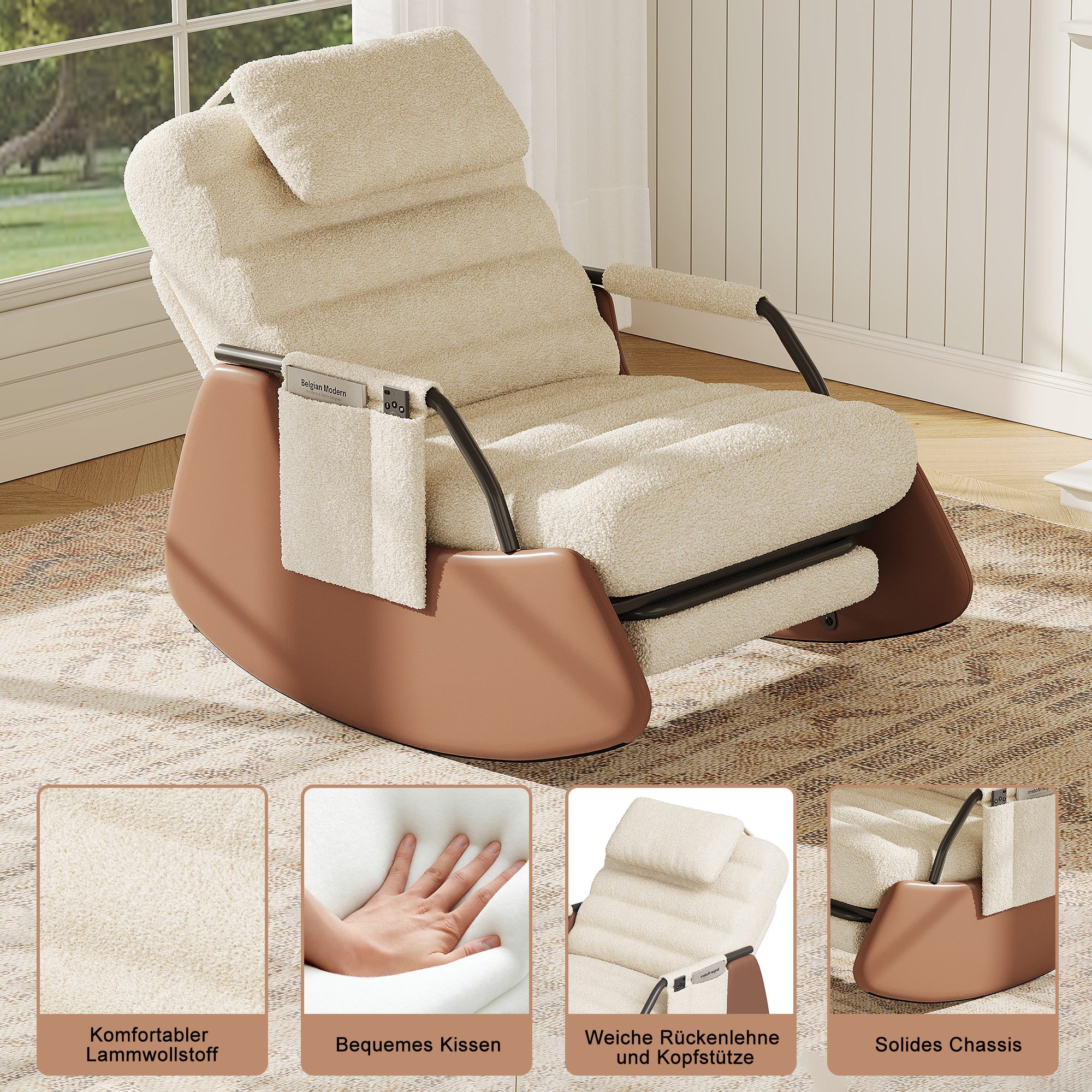 FUROKOY Schaukelstuhl Relaxsessel 3-stufia verstellbare Rückenlehne (Set, 1 St), Wohnzimmersessel mit Armlehnen und Fußstütze Teddy,Beige,67x91.5x92cm