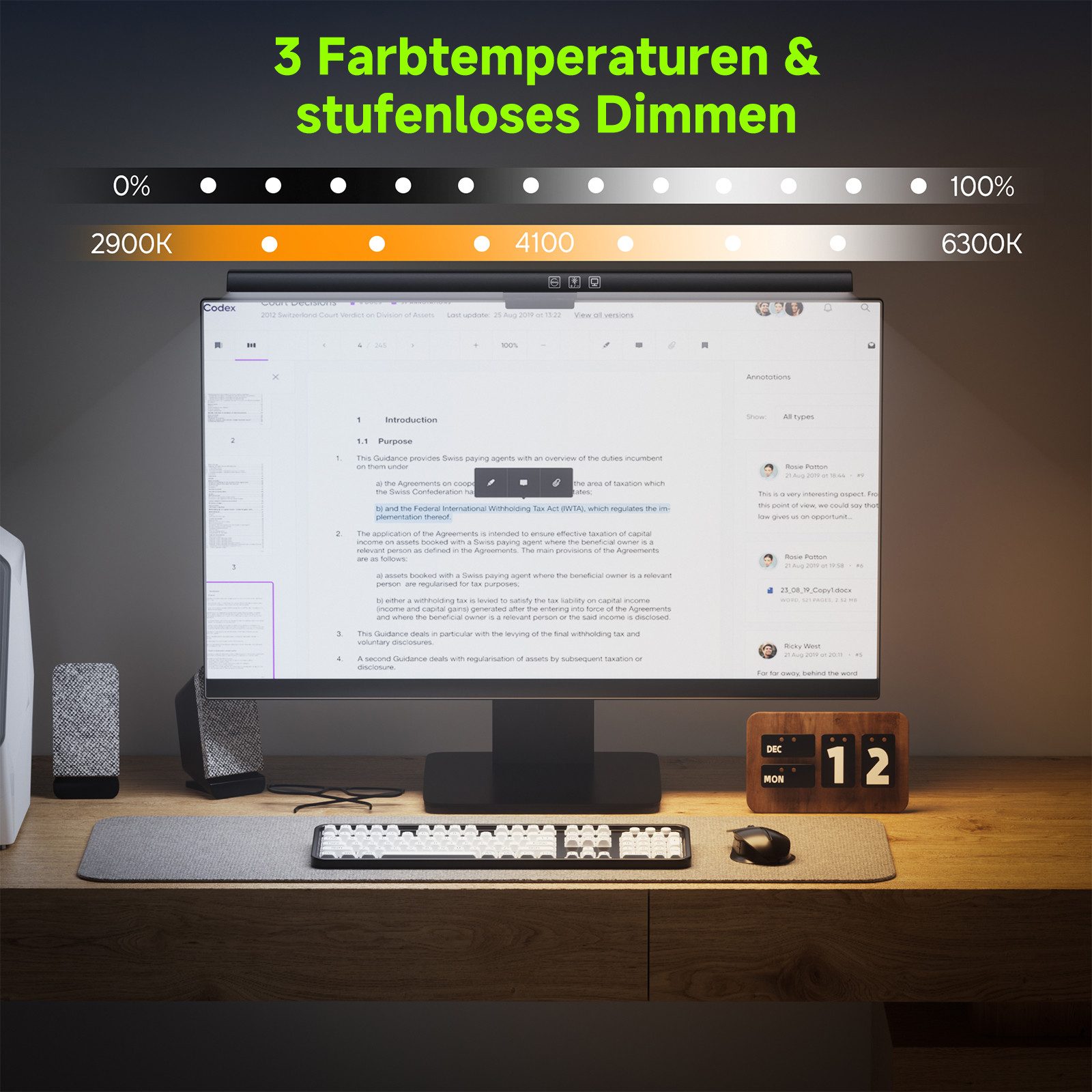 Quntis Schreibtischlampe LED Schreibtischlampe 50cm Monitor Lampen mit Touch-Bedienung, Timer, 3 Farbtemperaturen, stufenlos einstellbarer Helligkeit, LED wechselbar, Tageslichtweiß, Kaltweiß/Warmweiß, dimmbar, ideal für E-Reading, Home-Office und Büro