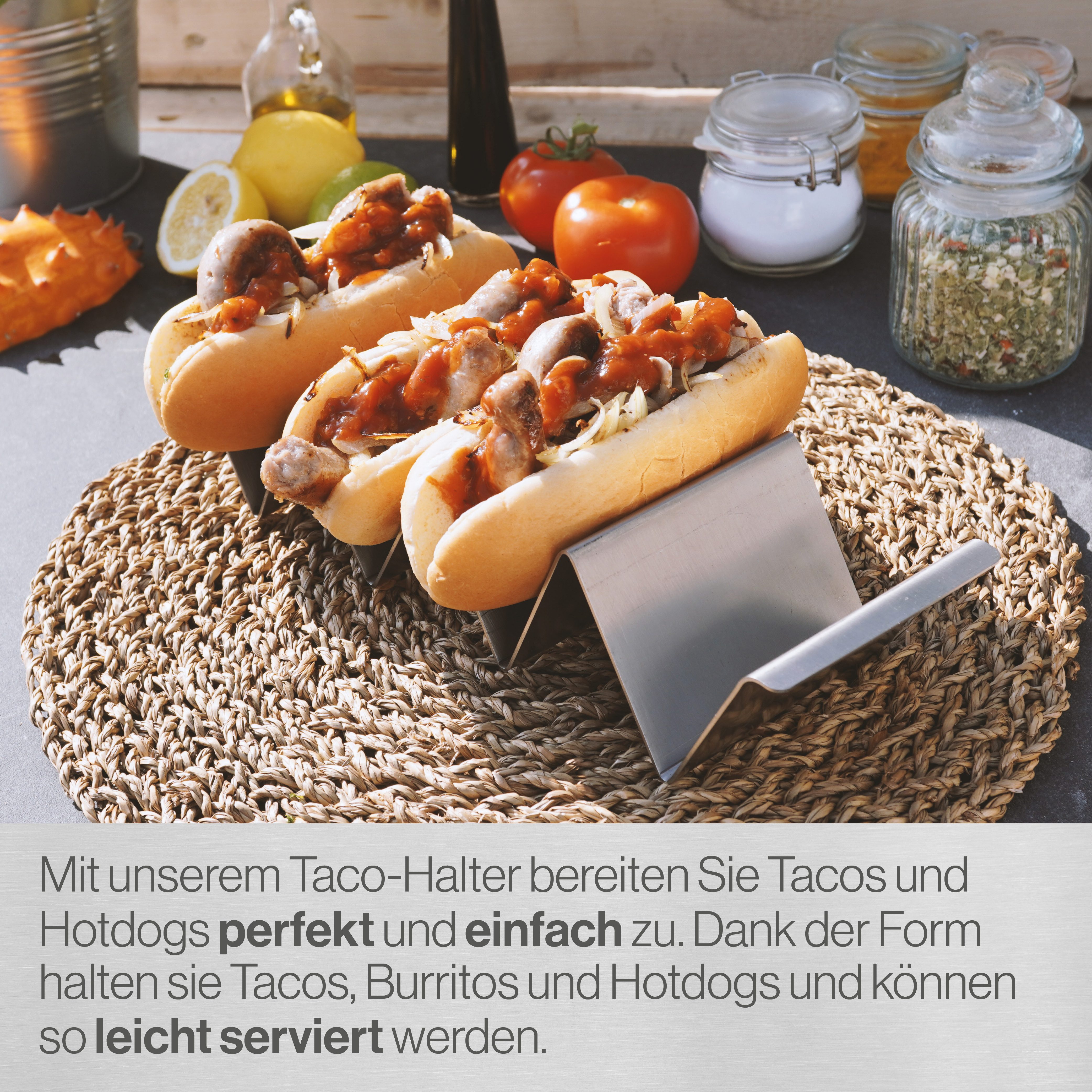 Feuerfest 123 GmbH Hotdog-Maker Halter aus Edelstahl für Hot-Dogs, Burritos oder Tacos, Grillzubehör, perfekt für Hotdogs & Co