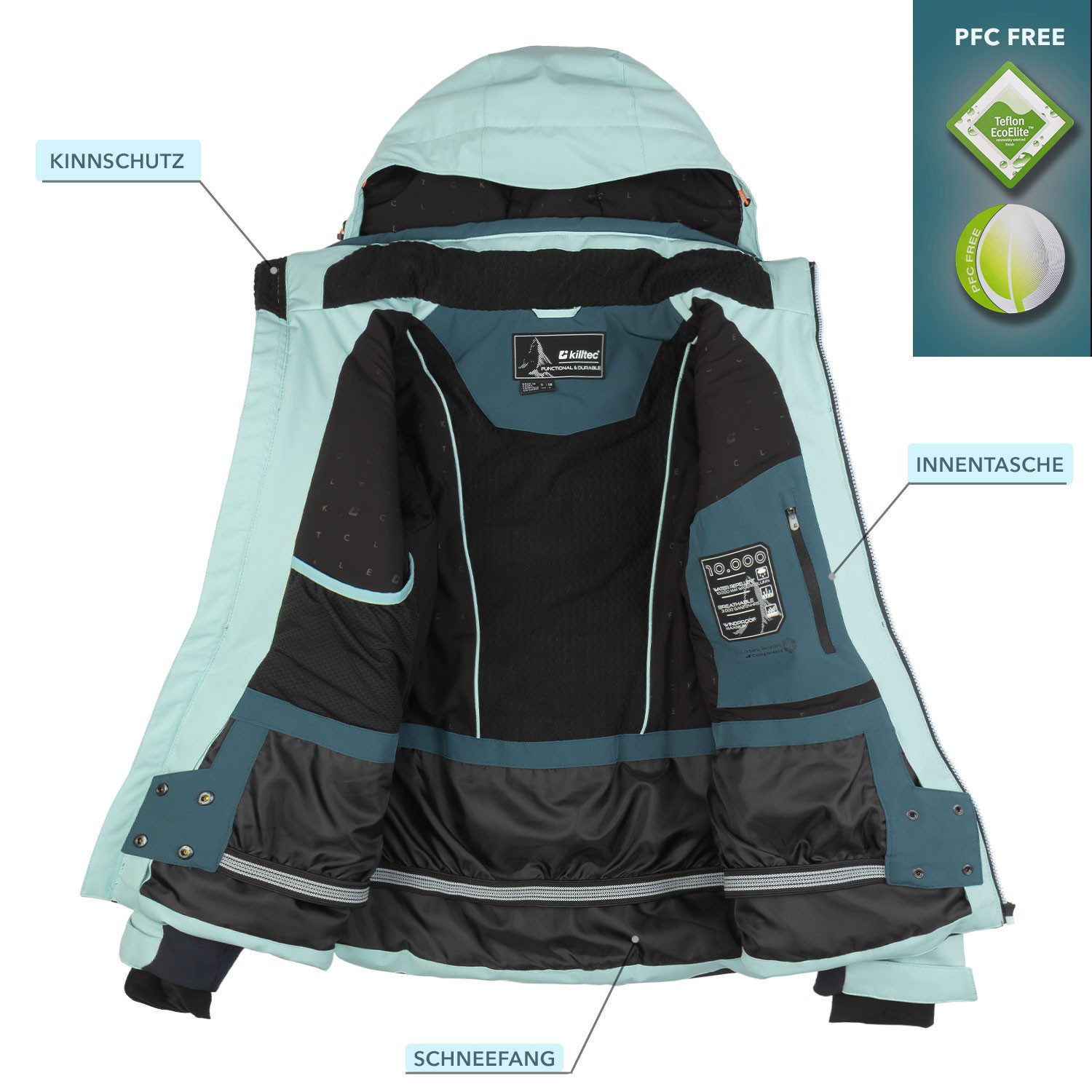 Killtec Skianzug Damen Skijacke petrol + Skihose schwarz, atmungsaktiver Stoff - mit Schneefang - wasserdicht - winddicht