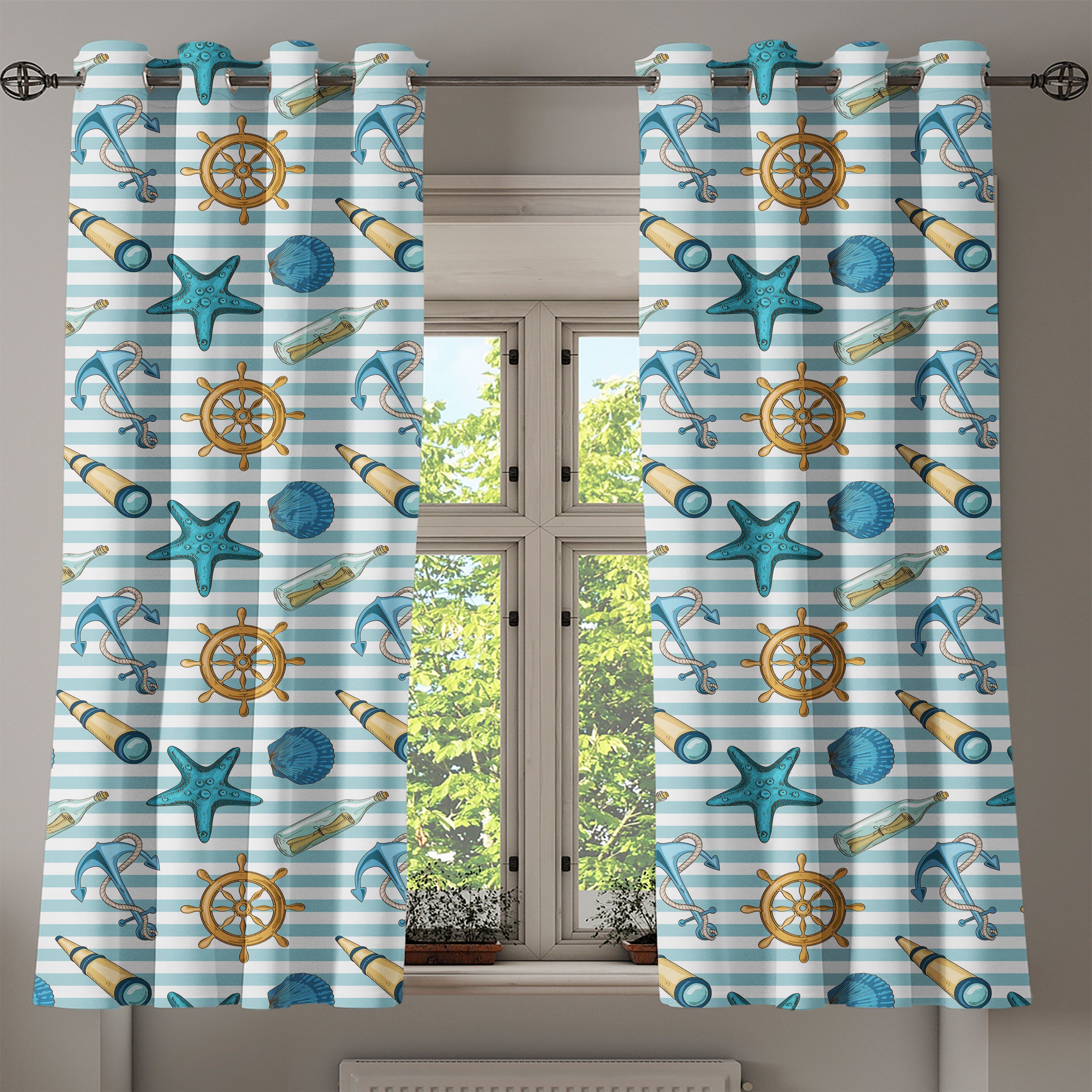 2-Panel-Fenstervorhänge für Seestern Gardine Dekorative Nautisch Abakuhaus, Wohnzimmer, Ankerrad Schlafzimmer