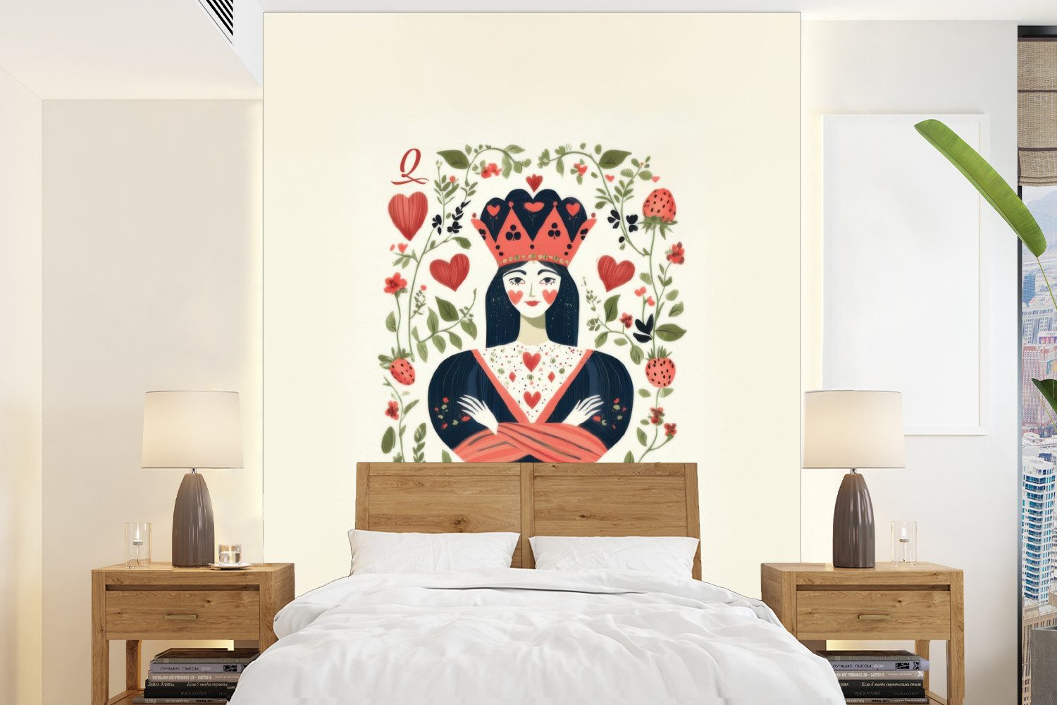 MuchoWow Fototapete Spielkarte - Herzkönigin - Blumen - Herzen, Matt, bedruckt, Wallpaper für Wohnzimmer, Schlafzimmer, Vinyl Tapete, 165x220 cm