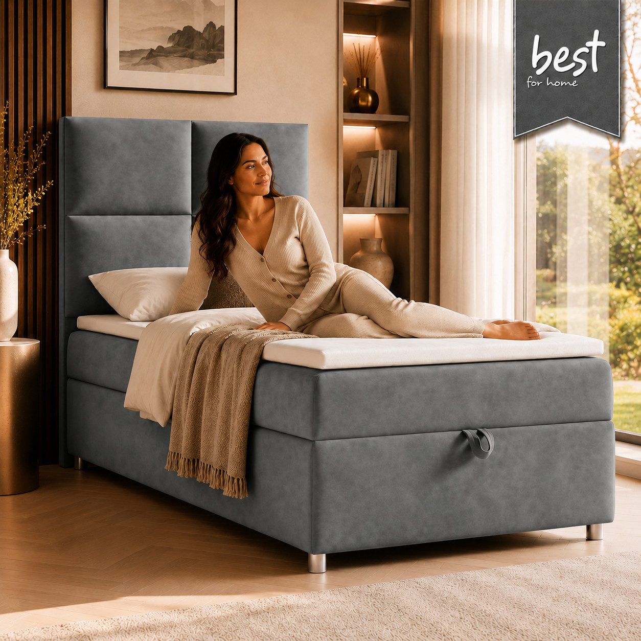 Best for Home Boxspringbett Trinity K-2 mit Bettkasten & Topper – Komfort & Stauraum (Einzelbett, Hotelbett, Polsterbett gepolstertes Kopfteil, Jugendbett, Kinderbett versch. Größen, 1-St., 70x200 80x200 90x200 100x200 cm), Einzel-Boxspringbett mit integriertem Stauraum, gepolstertem Kopfteil
