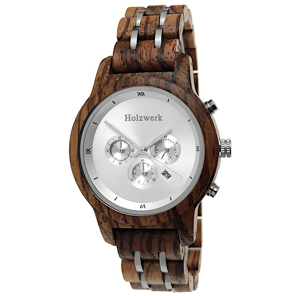 Holz silber braun, in Herren BEXBACH Datum mit Armband Uhr Damen & Chronograph Holzwerk