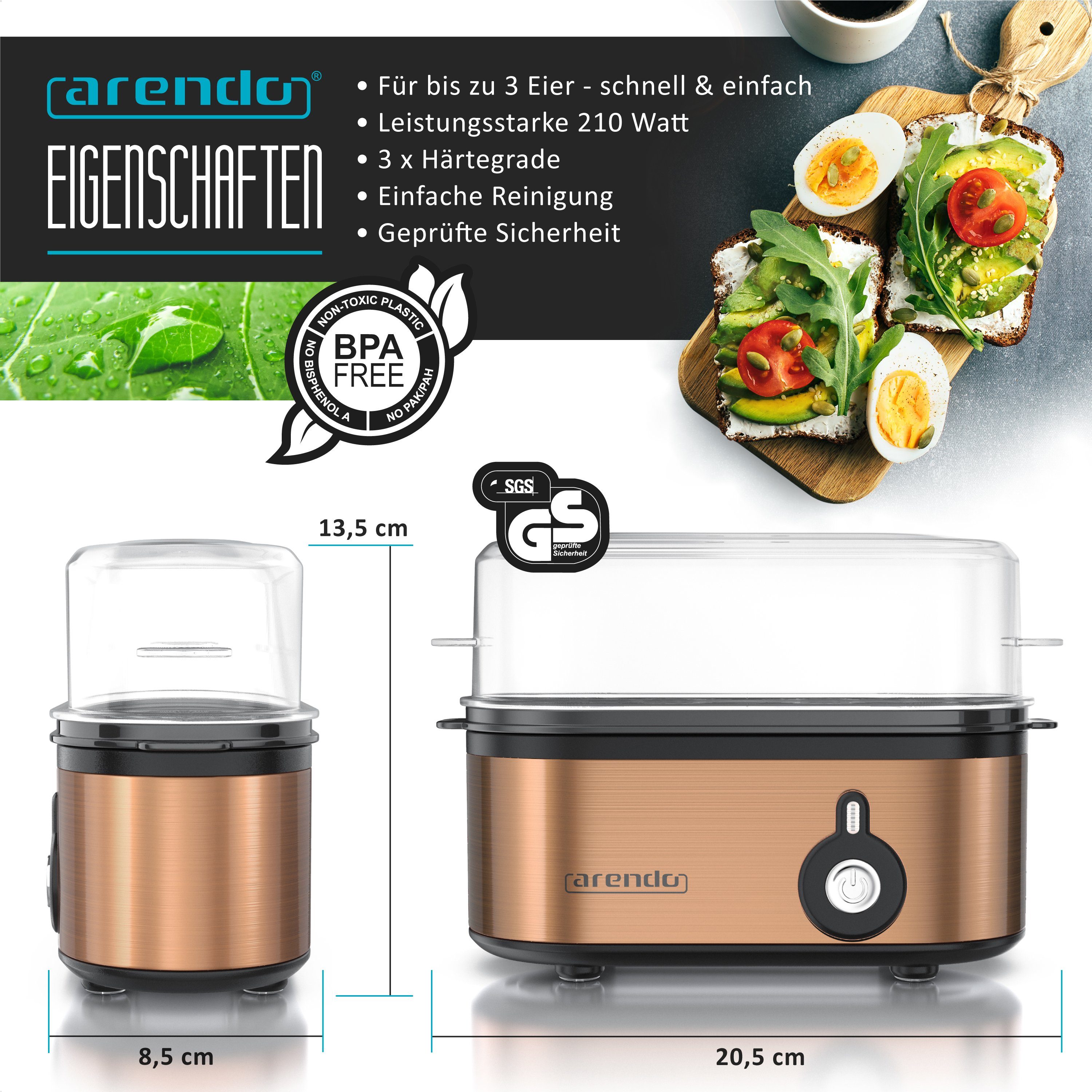 Arendo Eierkocher 3-fach, Edelstahl, Ein / Aus-Schalter, frei wählbarer Härtegrad, Anzahl Eier: 3 St., 210 W, Threecook Egg Cooker, GS, BPA-frei, für 1 bis 3 Eier