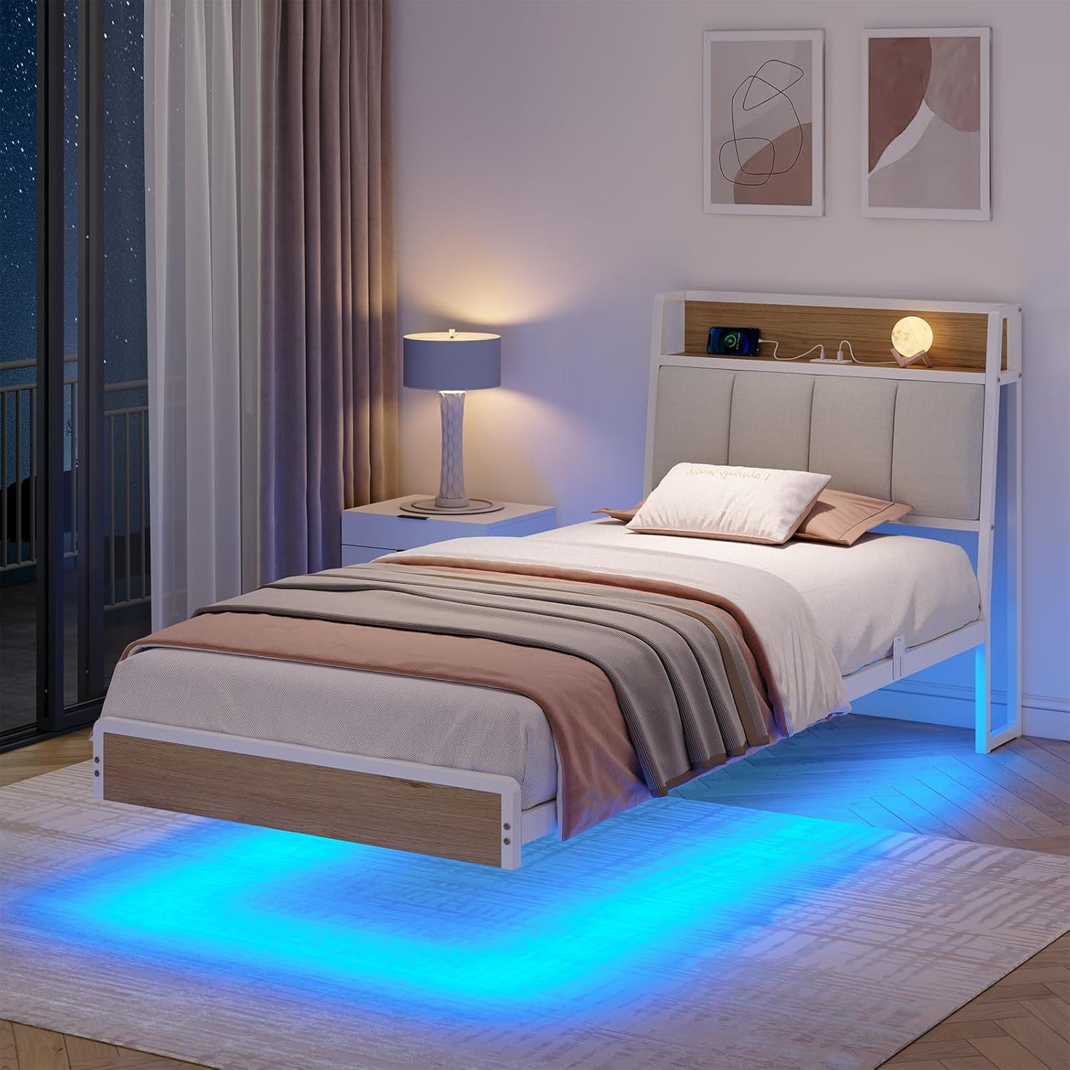 KIMENICH Polsterbett mit USB Ladefunktion und LED-Beleuchtung, Schwebender visueller Effekt (1-tlg., Ohne Matratze), Jugendbett Bettgestell 90x200cm – Bild 5 von 5