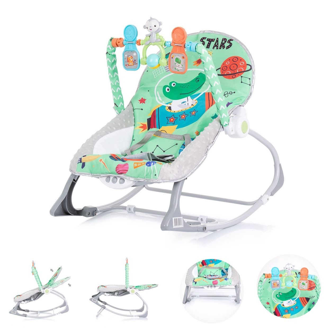 Chipolino Babywippe Baby Spa 2 in 1, Musikfunktion, Vibration, Spielbogen, 3-Punkt-Gurt, Kinderstuhl
