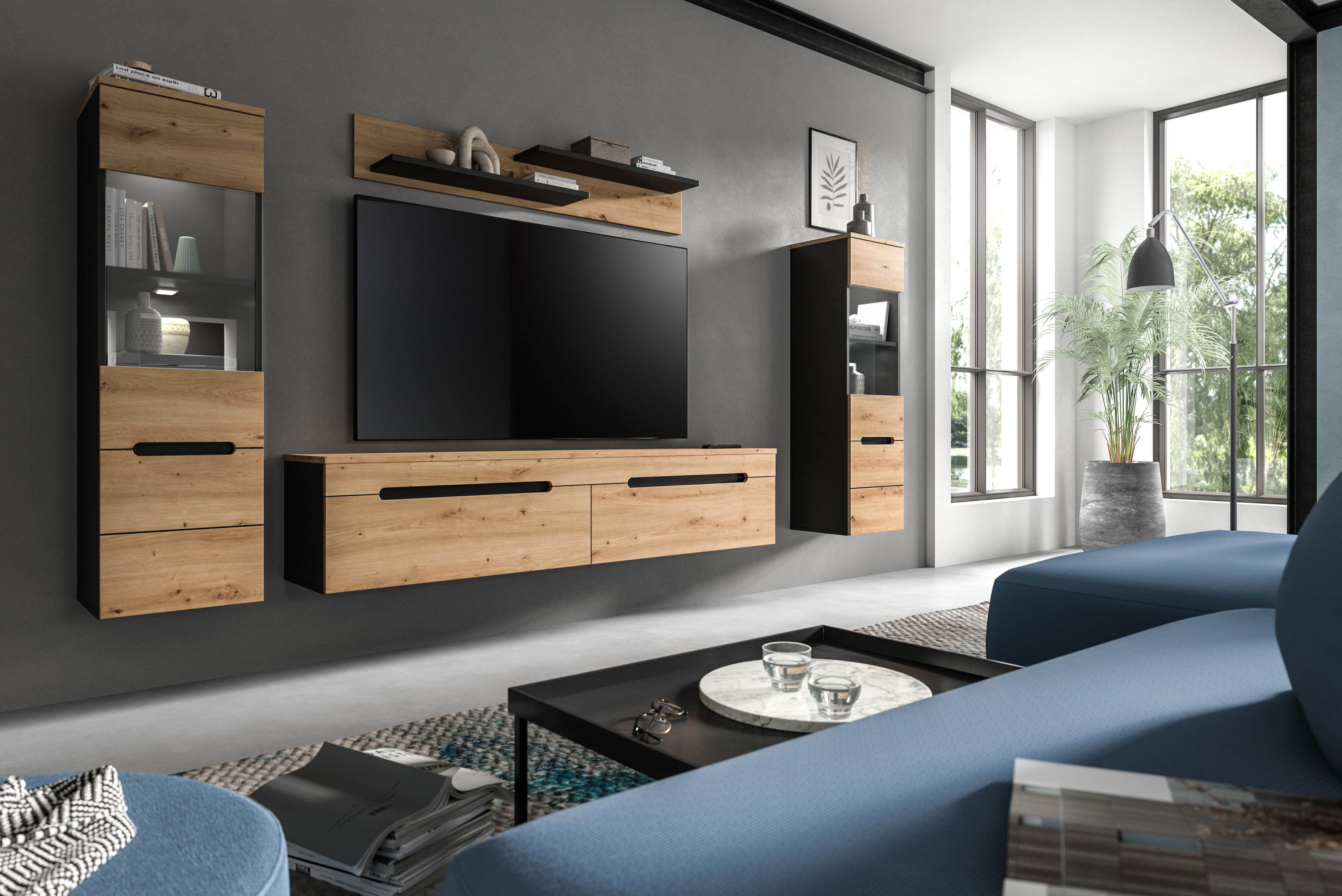 INOSIGN Wohnwand REHAT, TOPSELLER!, 4-teilig, inkl. Beleuchtung, stehend oder hängend, (4-St., Set bestehend aus: 2x Vitrine inkl. Beleuchtung, Lowboard & Wandboard), Kombination, Anbauwand, Set, Wohn-Set, Wohnzimmer-Set, Schrankwand