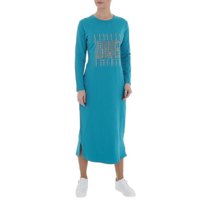 Ital-Design Shirtkleid Damen Freizeit Strass Stretch Maxikleid in Türkis