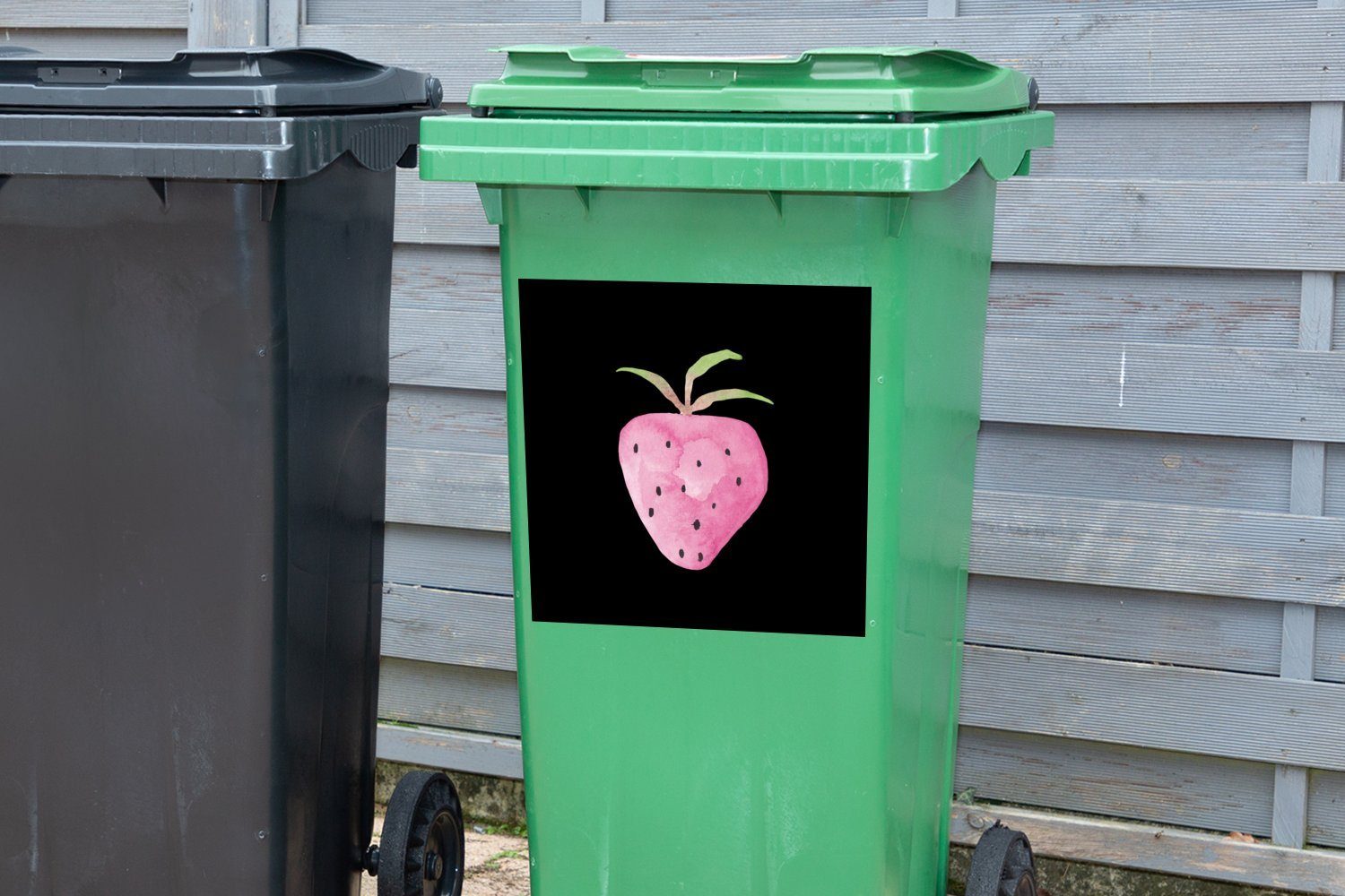 Container, - Mülltonne, - MuchoWow Aquarell Schwarz (1 St), Wandsticker Mülleimer-aufkleber, Erdbeere Abfalbehälter Sticker,
