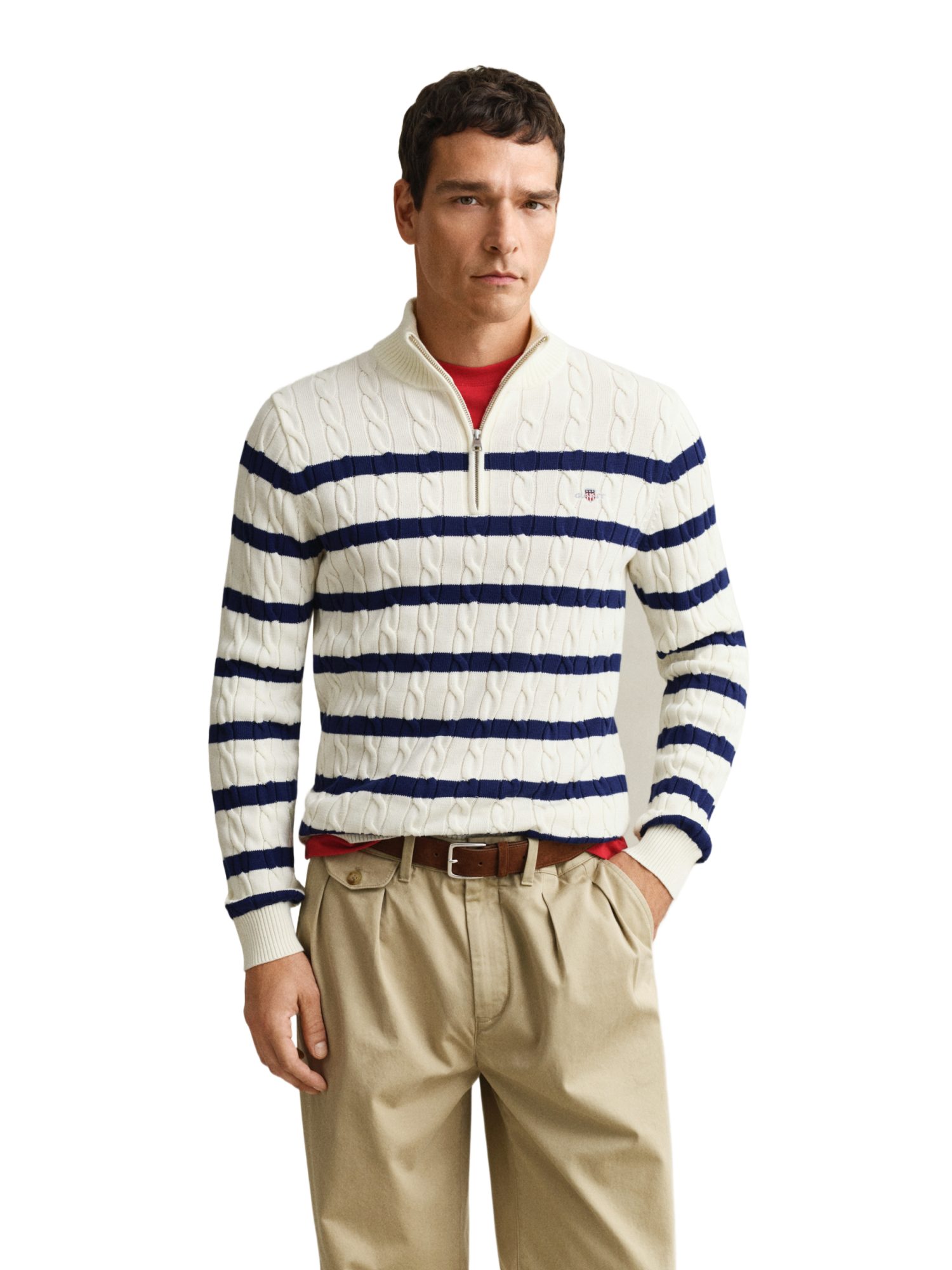 Gant Troyer weiß,Casual,Baumwolle,Gestreift,Troyer-Kragen,Lang,Regular Fit