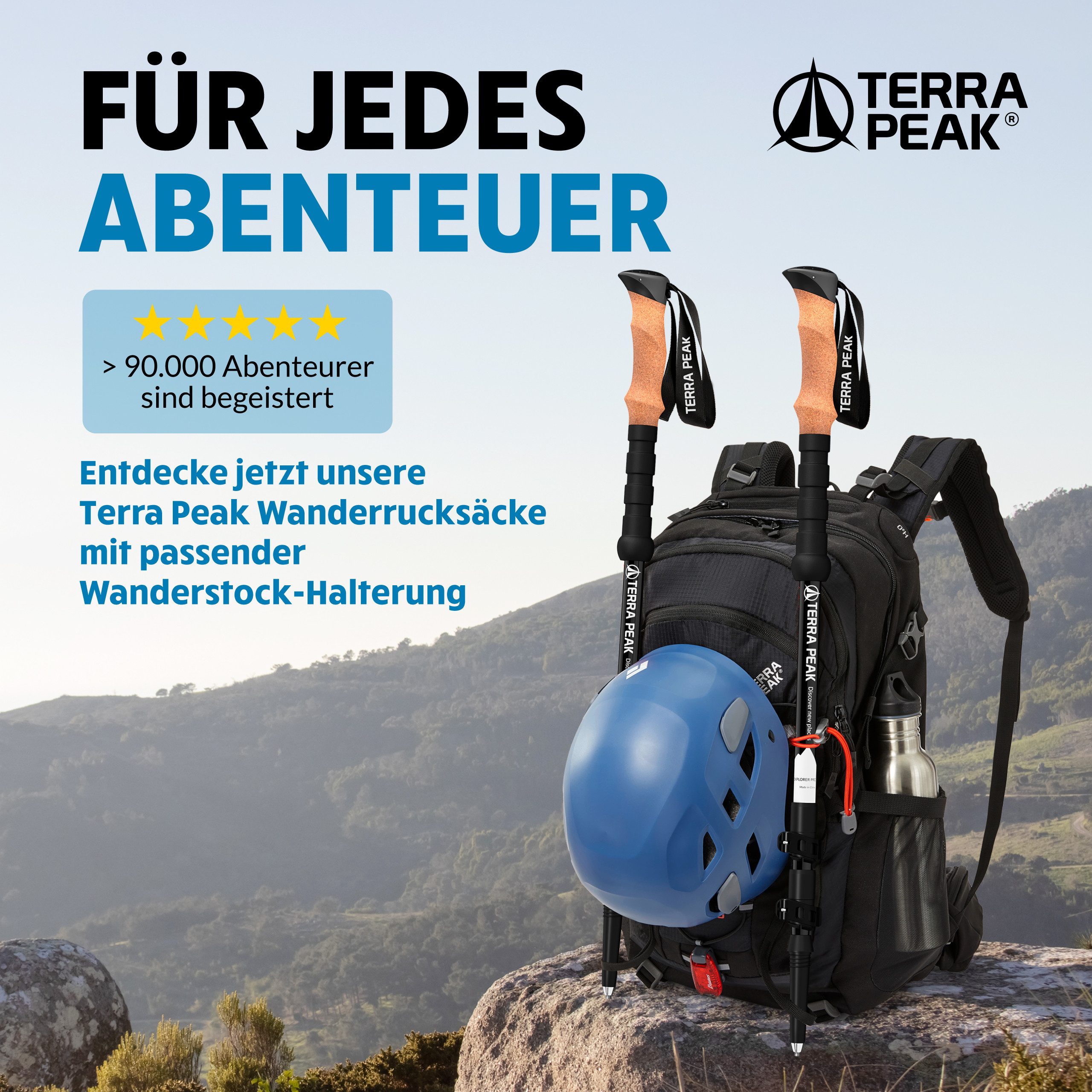 Terra Peak Wanderstöcke Explorer 135 (inklusive Mikrofaserhandtuch und 4 zusätzliche Aufsätze), Mit ergonomischen Echtkorkgriffen, zum Wandern und Nordic Walking