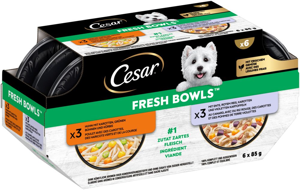 Cesar CESAR® Fresh Bowls Multipack mit Ente & mit Huhn 6 x 85g, Nassfutter für: Hunde