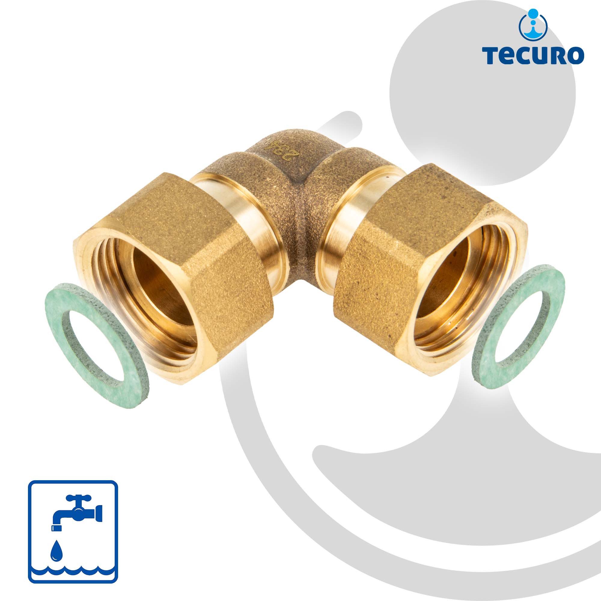 tecuro Gewindefitting Winkel 90°, beidseitig Überwurfmutter (flachdichtend) - MS-blank, 3/4 Zoll