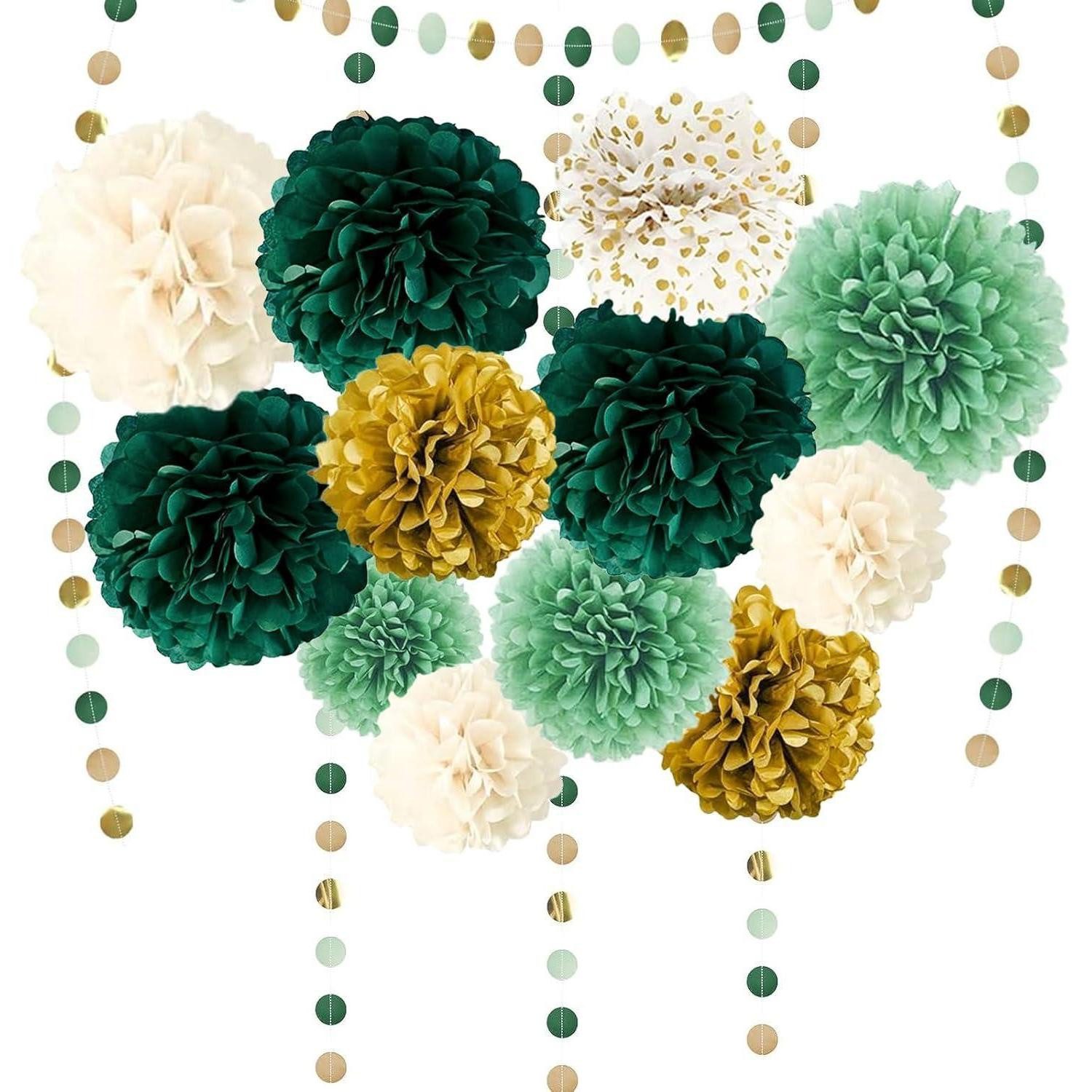 LuxusKollektion Seidenpapier Pompons 15 Stück Seidenpapier grün gold weiß Deko Waldgrün