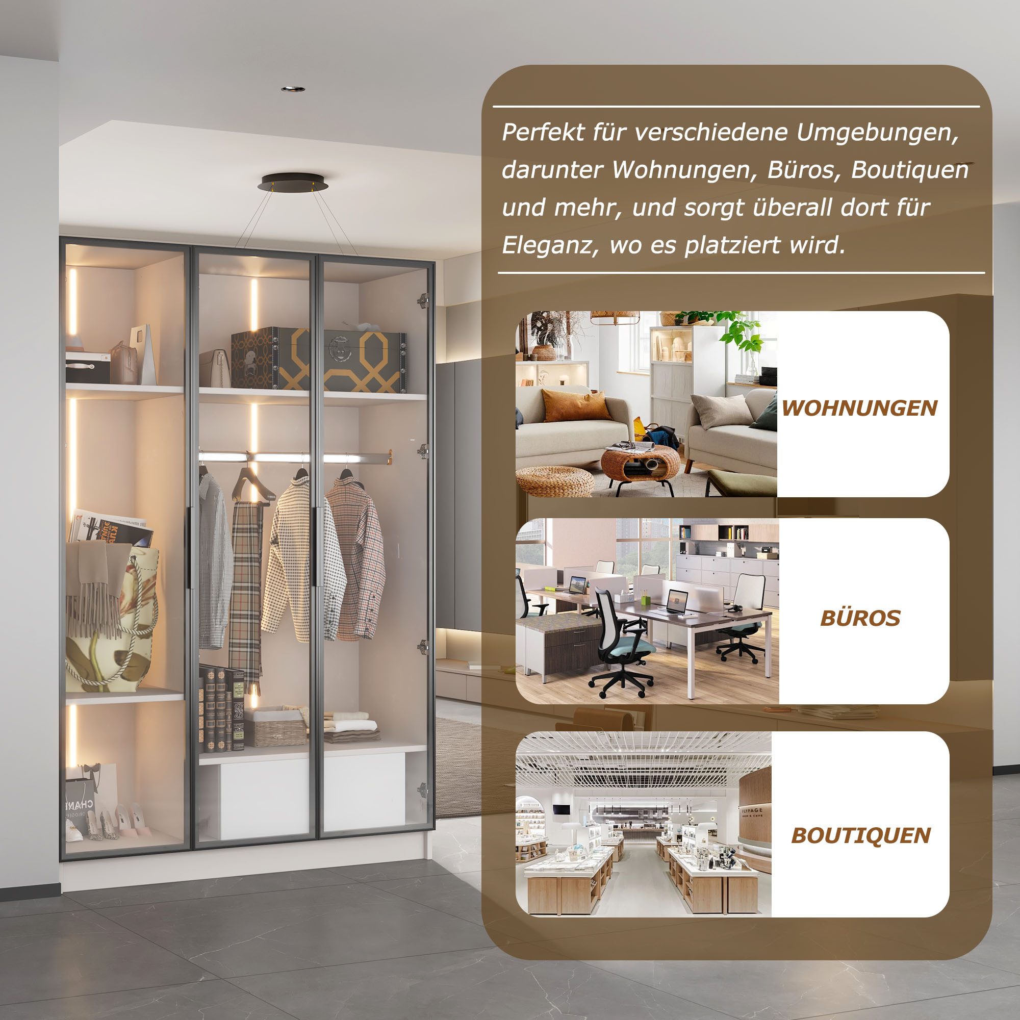Merax Kleiderschrank Hochschrank, Vitrine mit Glastüren und LED,Drehtürenschrank,Wäscheschrank,Garderobe – Bild 5 von 5