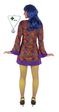 Karneval-Klamotten Hippie-Kostüm Damenkostüm Woodstock mit Peace Kette, Kleid lila-bunt, V-Ausschnitt, mit Haarband und Halskette